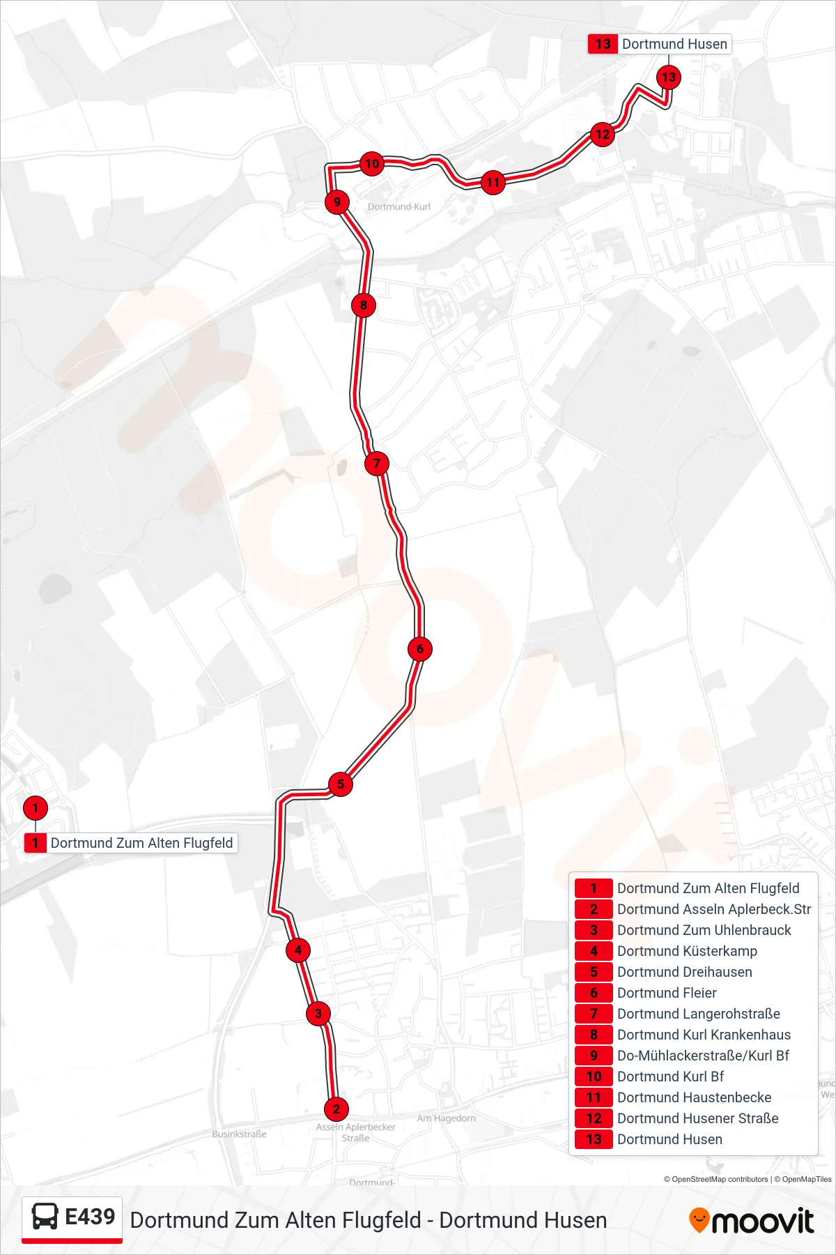 E439 bus Line (Dortmund Husen) route and stops on a map