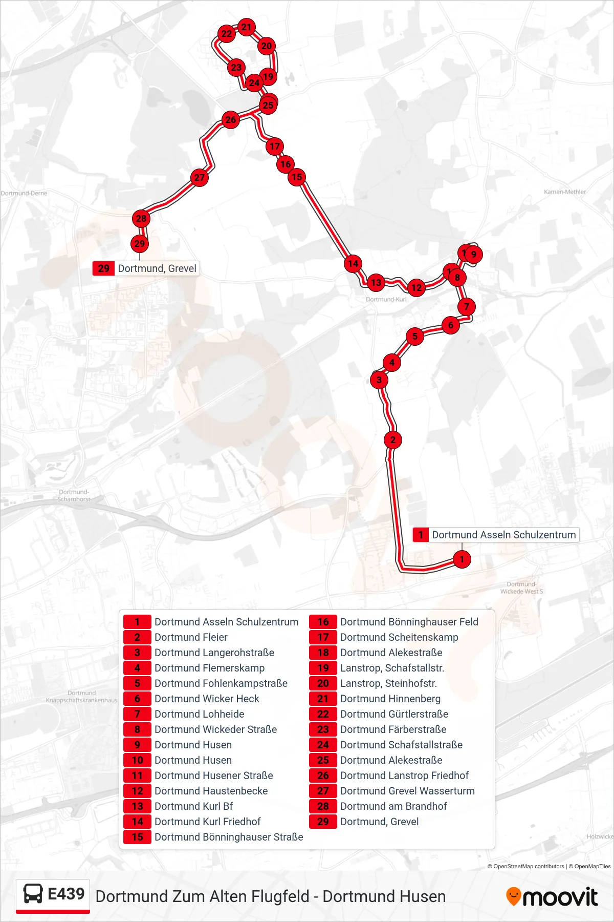 Linie E439 (Bus) Richtung Dortmund, Grevel: Route und Haltestellen auf der Karte