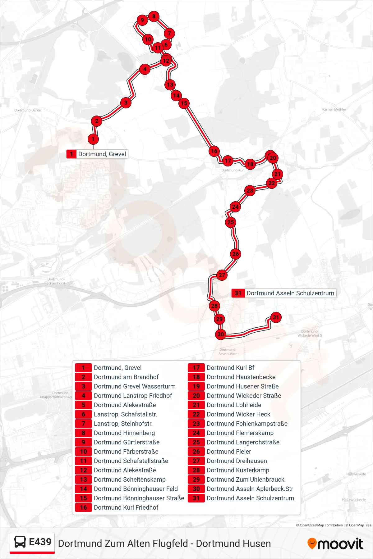 E439 bus Line (Dortmund Asseln Schulzentrum) route and stops on a map