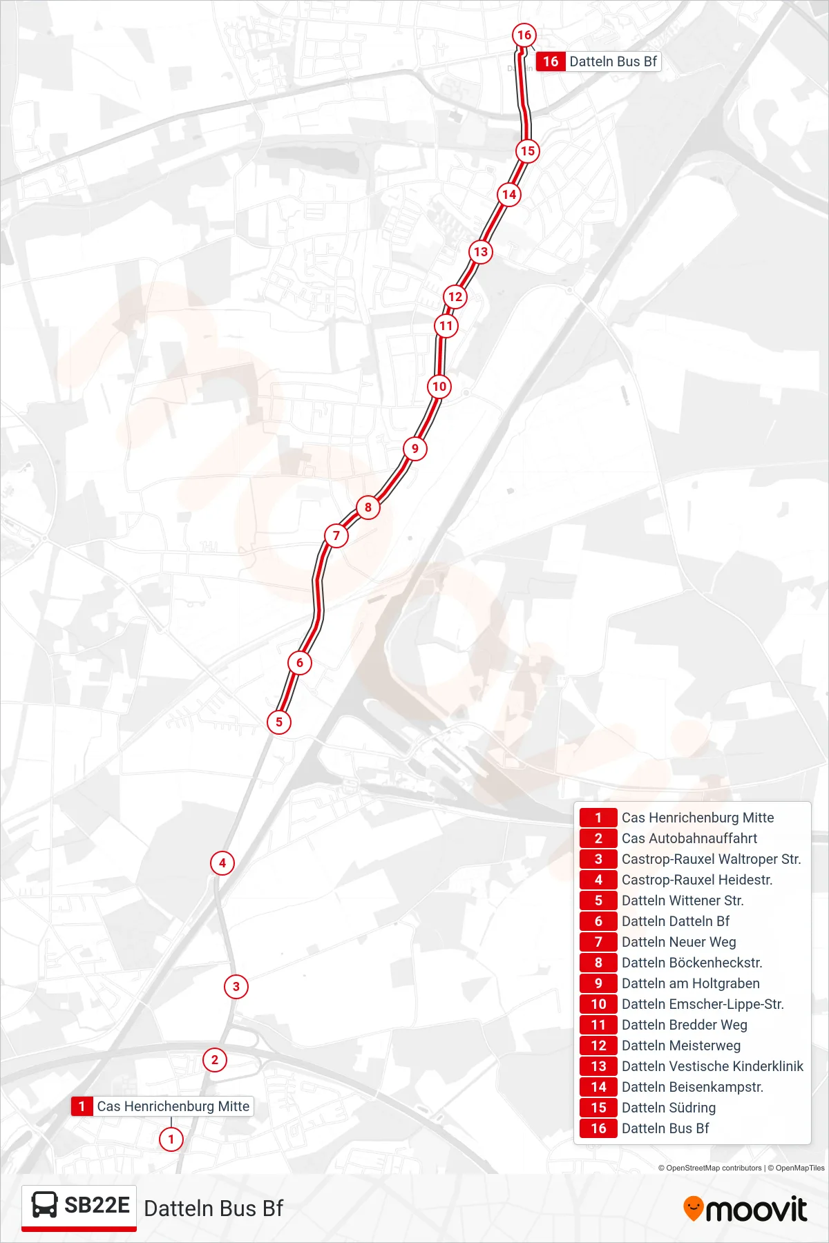 Linie SB22E (Bus) Richtung Datteln Bus Bf: Route und Haltestellen auf der Karte
