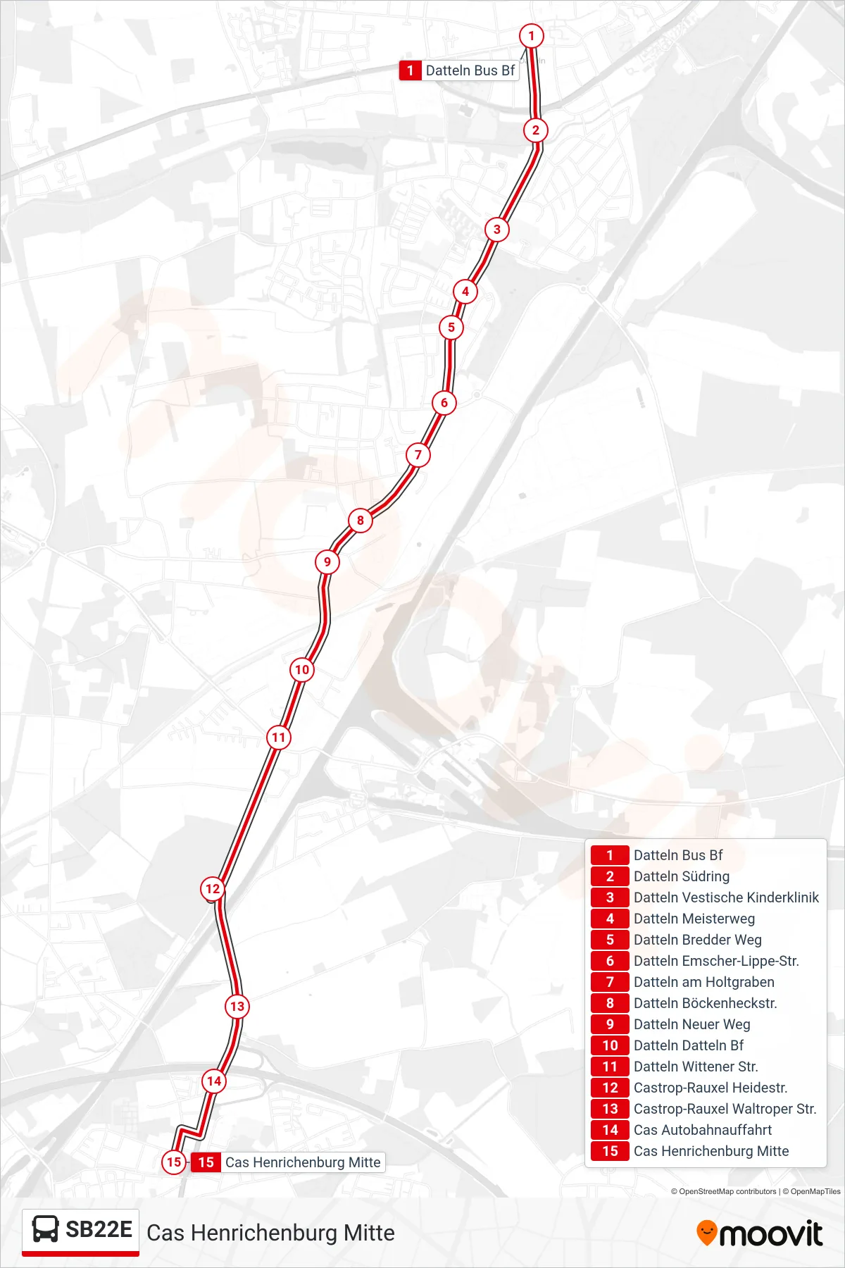 Linie SB22E (Bus) Richtung Cas Henrichenburg Mitte: Route und Haltestellen auf der Karte