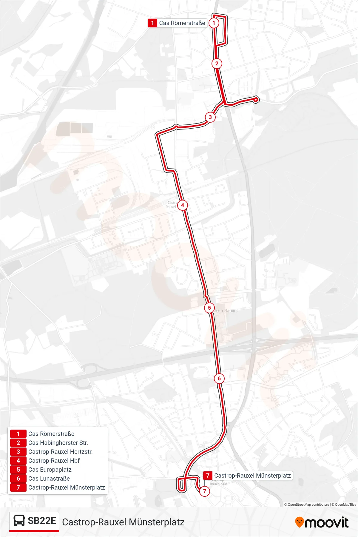 Linie SB22E (Bus) Richtung Castrop-Rauxel Münsterplatz: Route und Haltestellen auf der Karte