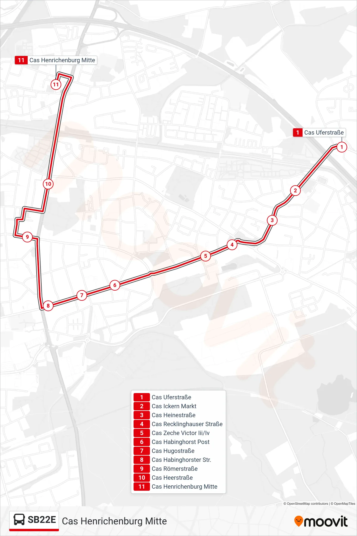 Linie SB22E (Bus) Richtung Cas Henrichenburg Mitte: Route und Haltestellen auf der Karte