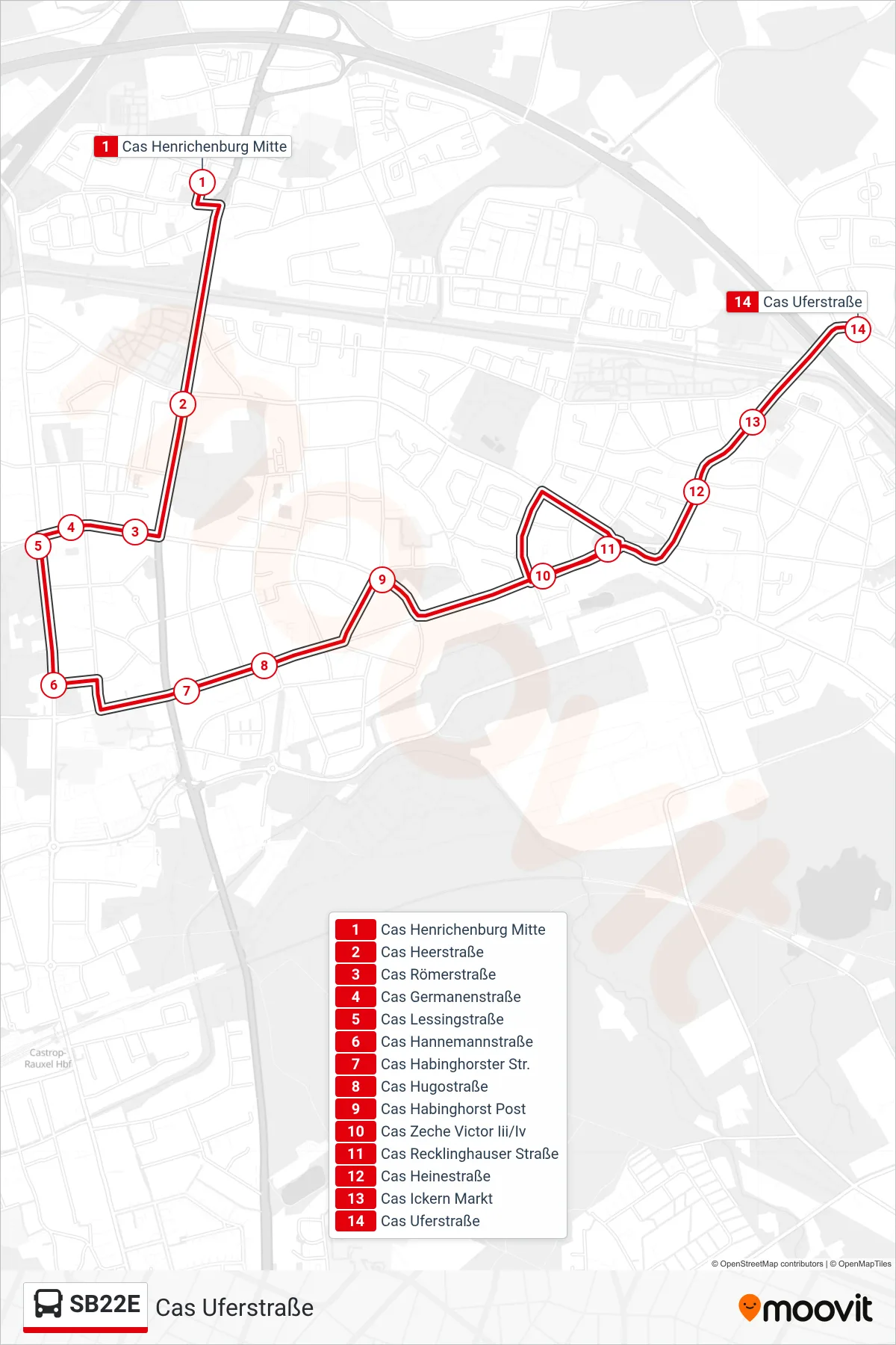 Linie SB22E (Bus) Richtung Cas Uferstraße: Route und Haltestellen auf der Karte