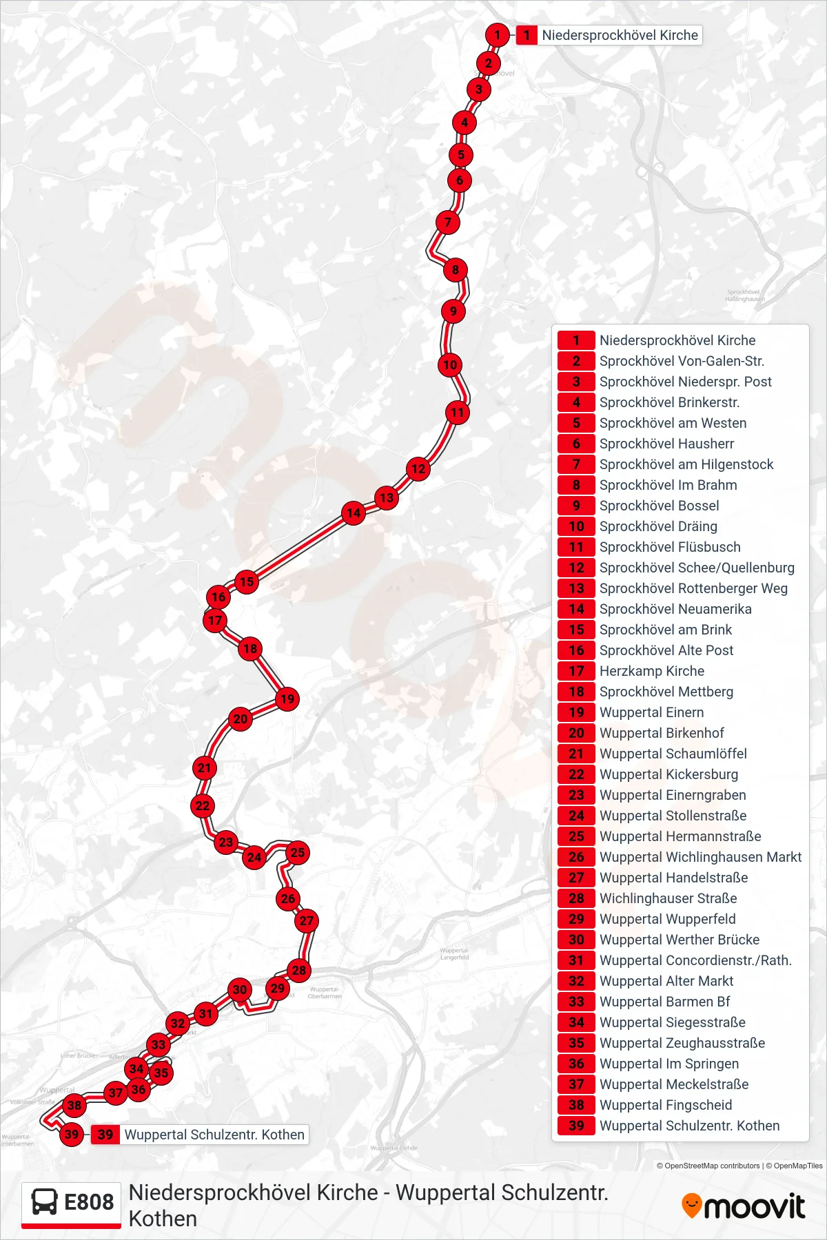 Linie E808 (Bus) Richtung Wuppertal Schulzentr. Kothen: Route und Haltestellen auf der Karte