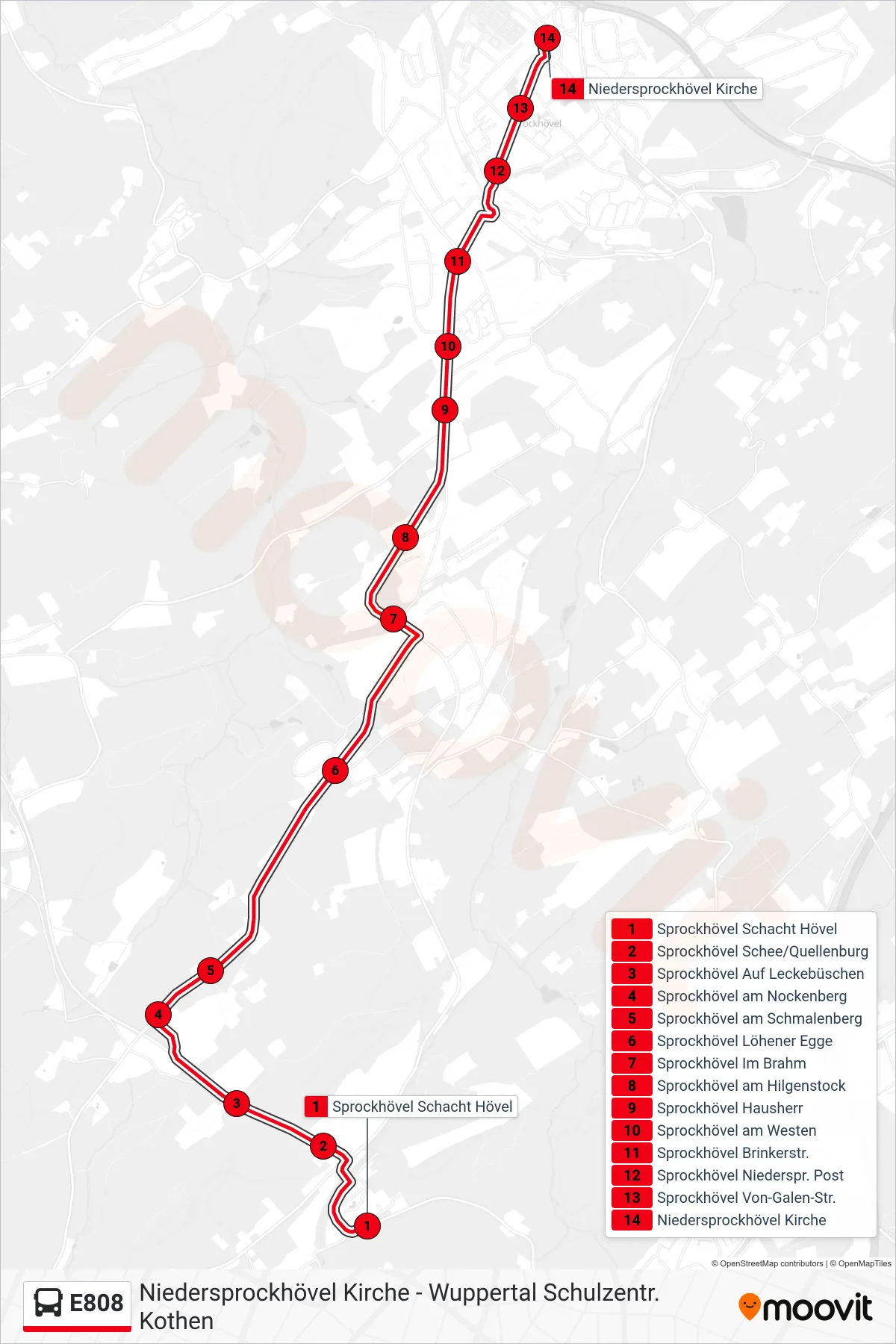 Linie E808 (Bus) Richtung Niedersprockhövel Kirche: Route und Haltestellen auf der Karte