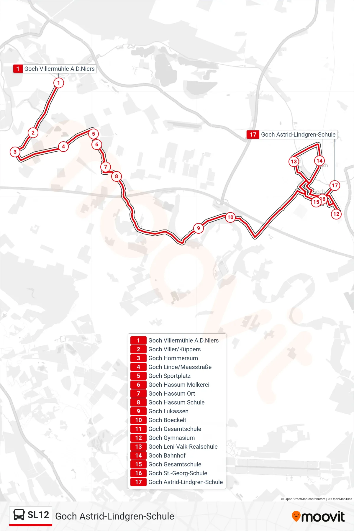 Linie SL12 (Bus) Richtung Goch Astrid-Lindgren-Schule: Route und Haltestellen auf der Karte