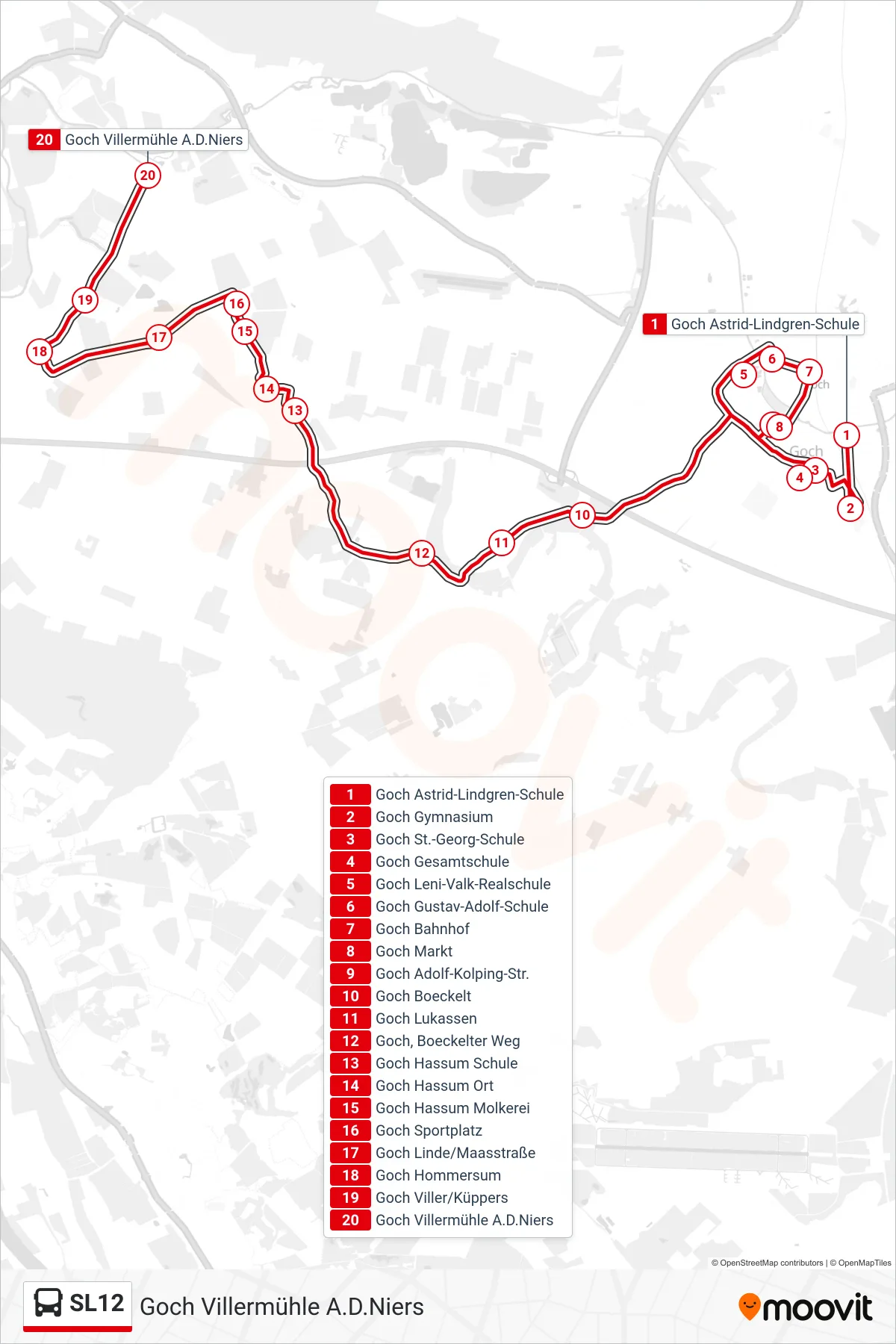 SL12 bus Line (Goch Villermühle A.D.Niers) route and stops on a map