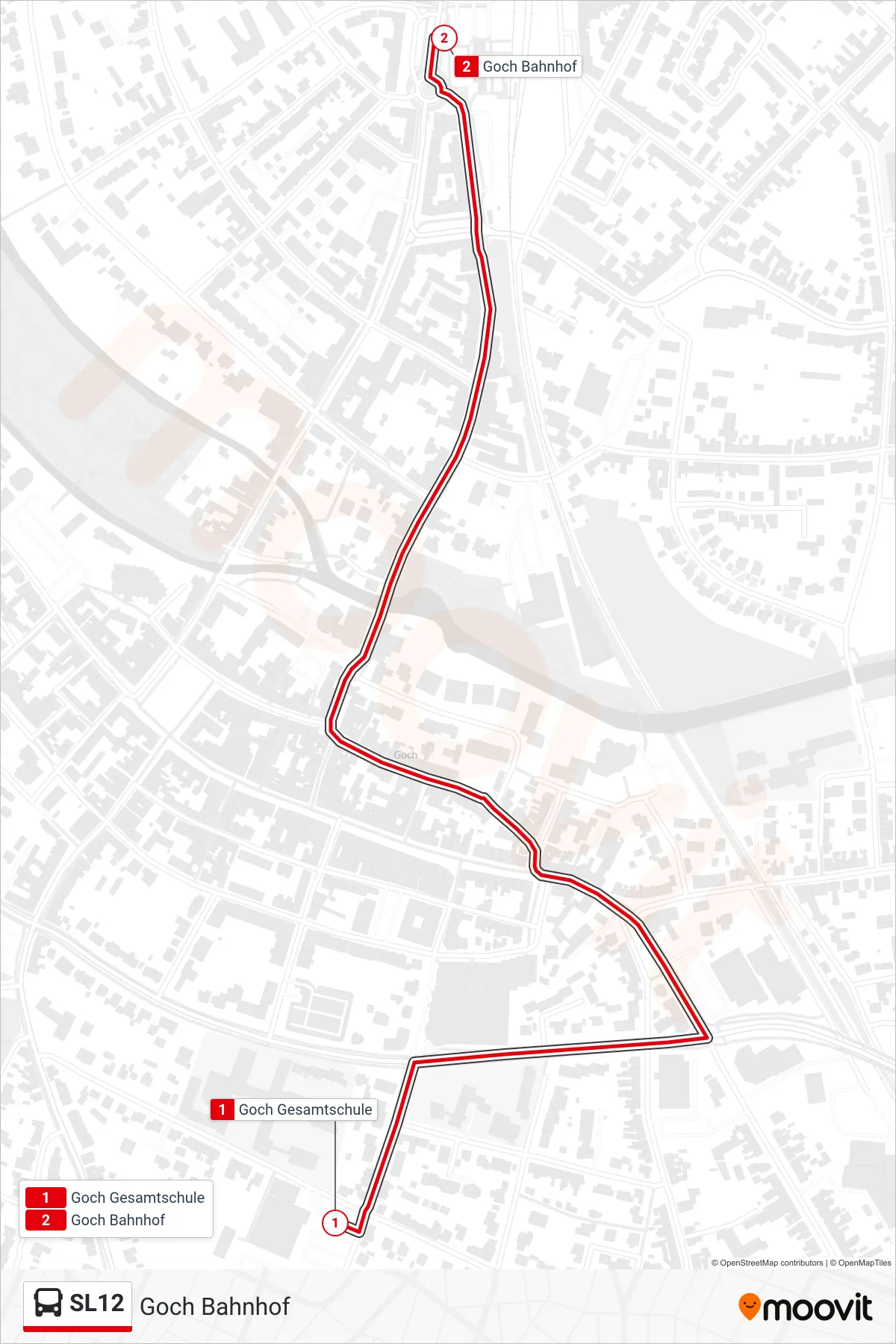 SL12 bus Line (Goch Bahnhof) route and stops on a map