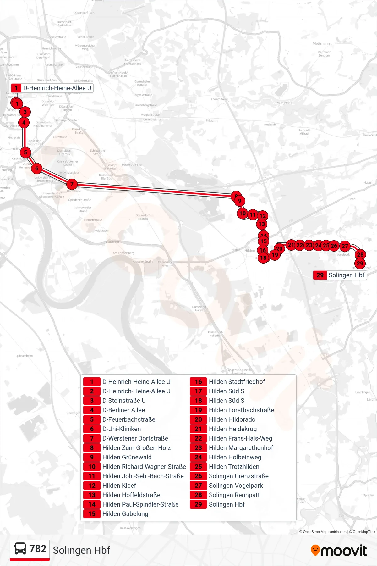 Linie 782 (Bus) Richtung Solingen Hbf: Route und Haltestellen auf der Karte
