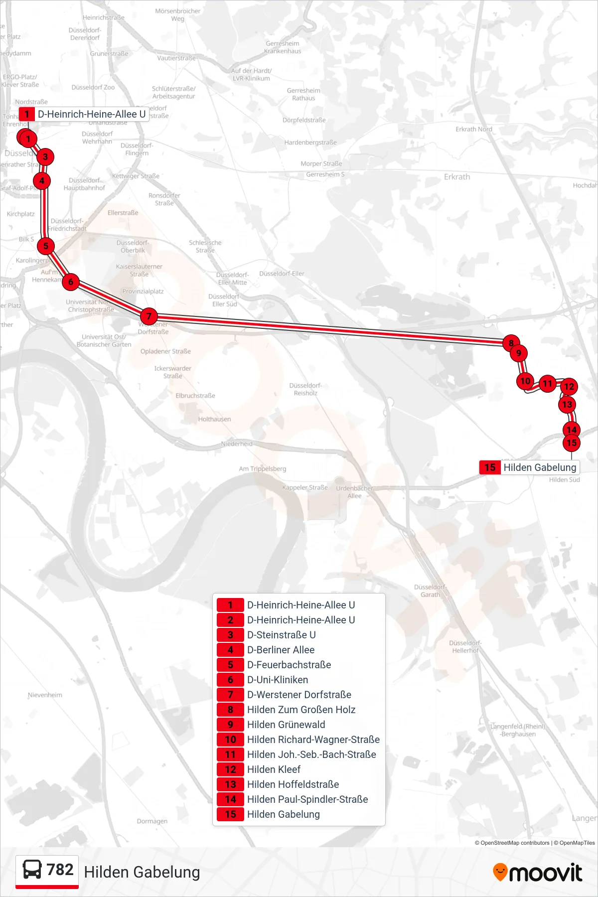 Linie 782 (Bus) Richtung Hilden Gabelung: Route und Haltestellen auf der Karte