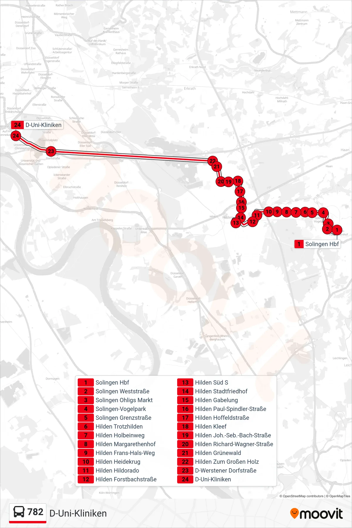 782 bus Line (D-Uni-Kliniken) route and stops on a map