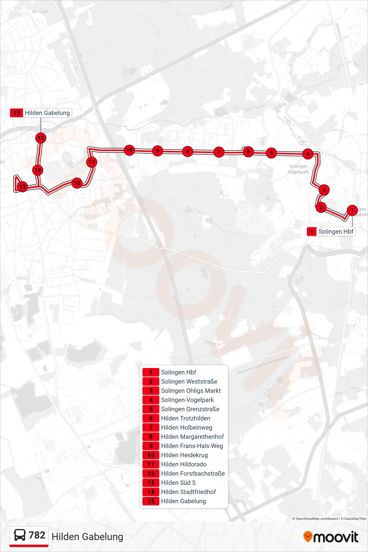 Linie 782 (Bus) Richtung Hilden Gabelung: Route und Haltestellen auf der Karte