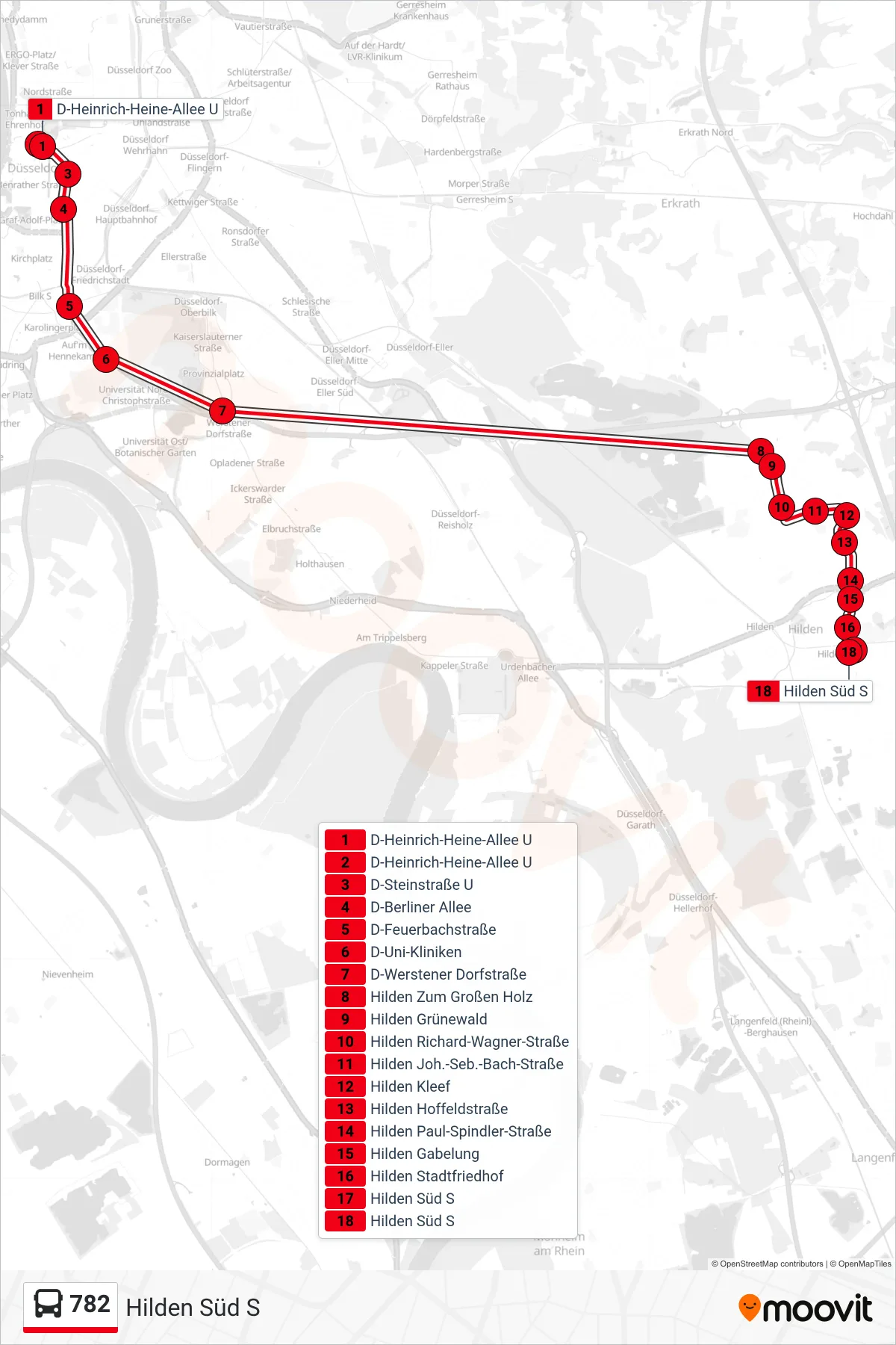 Linie 782 (Bus) Richtung Hilden Süd S: Route und Haltestellen auf der Karte