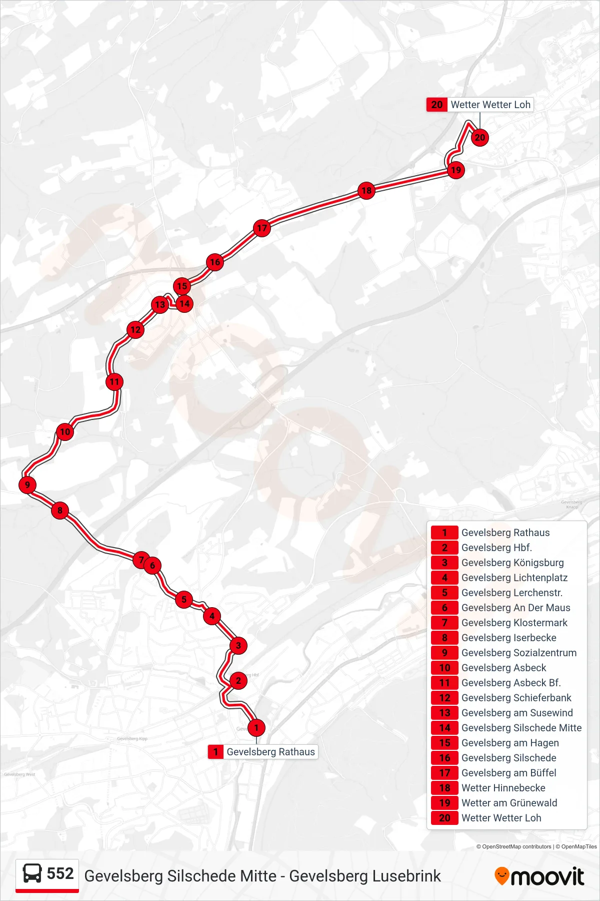 552 bus Line (Wetter Wetter Loh) route and stops on a map