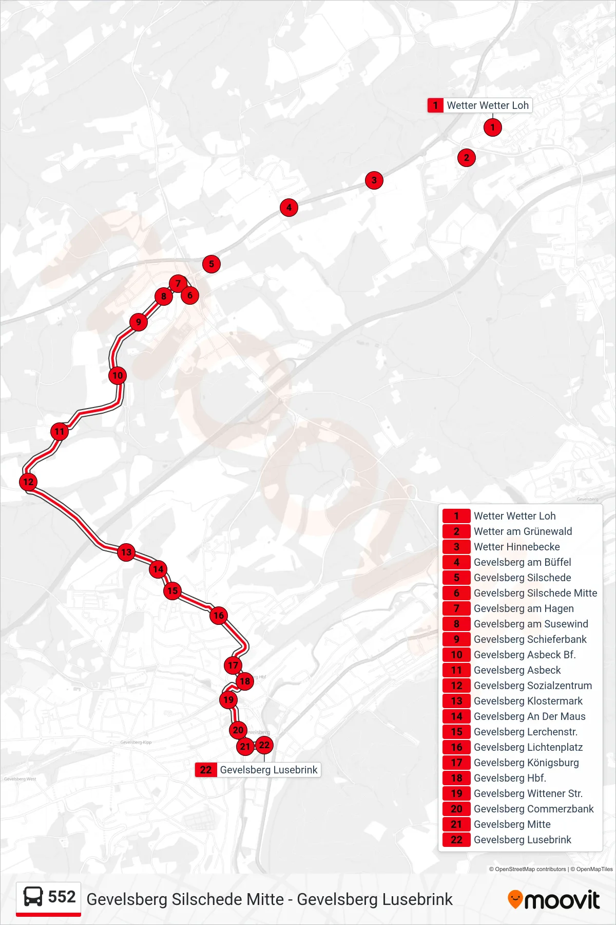 Linie 552 (Bus) Richtung Gevelsberg Lusebrink: Route und Haltestellen auf der Karte
