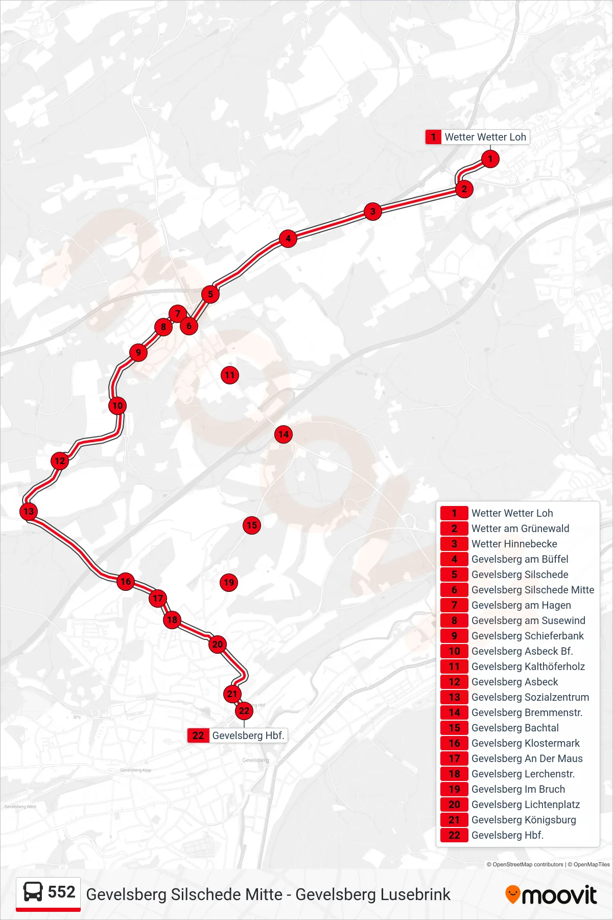 Linie 552 (Bus) Richtung Gevelsberg Hbf.: Route und Haltestellen auf der Karte