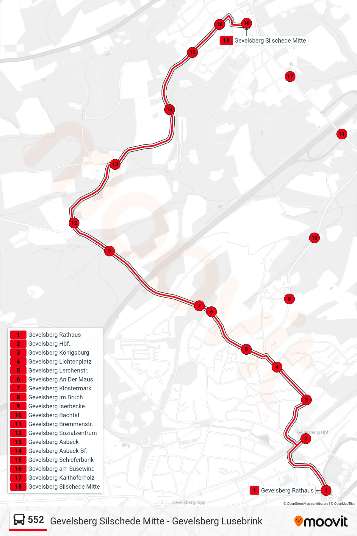 Linie 552 (Bus) Richtung Gevelsberg Silschede Mitte: Route und Haltestellen auf der Karte