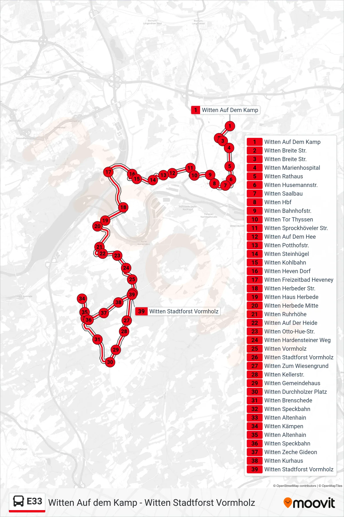 Linie E33 (Bus) Richtung Witten Stadtforst Vormholz: Route und Haltestellen auf der Karte
