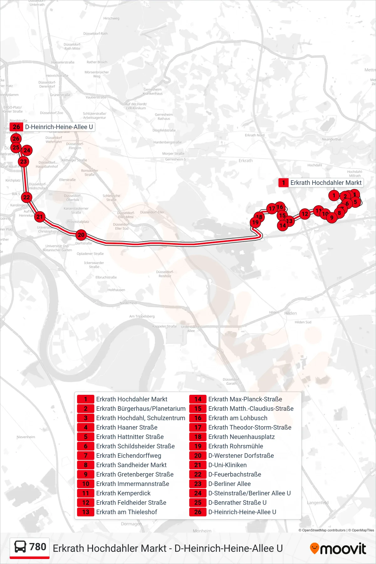 Linie 780 (Bus) Richtung D-Heinrich-Heine-Allee U: Route und Haltestellen auf der Karte