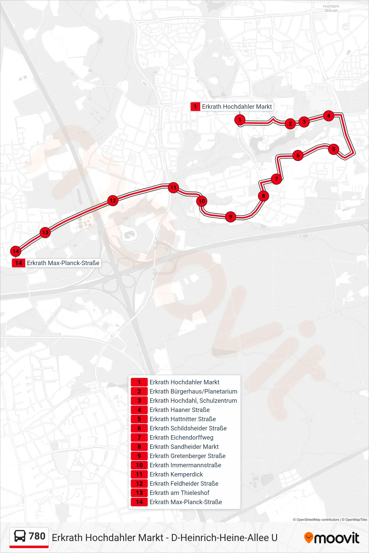 Linie 780 (Bus) Richtung Erkrath Max-Planck-Straße: Route und Haltestellen auf der Karte