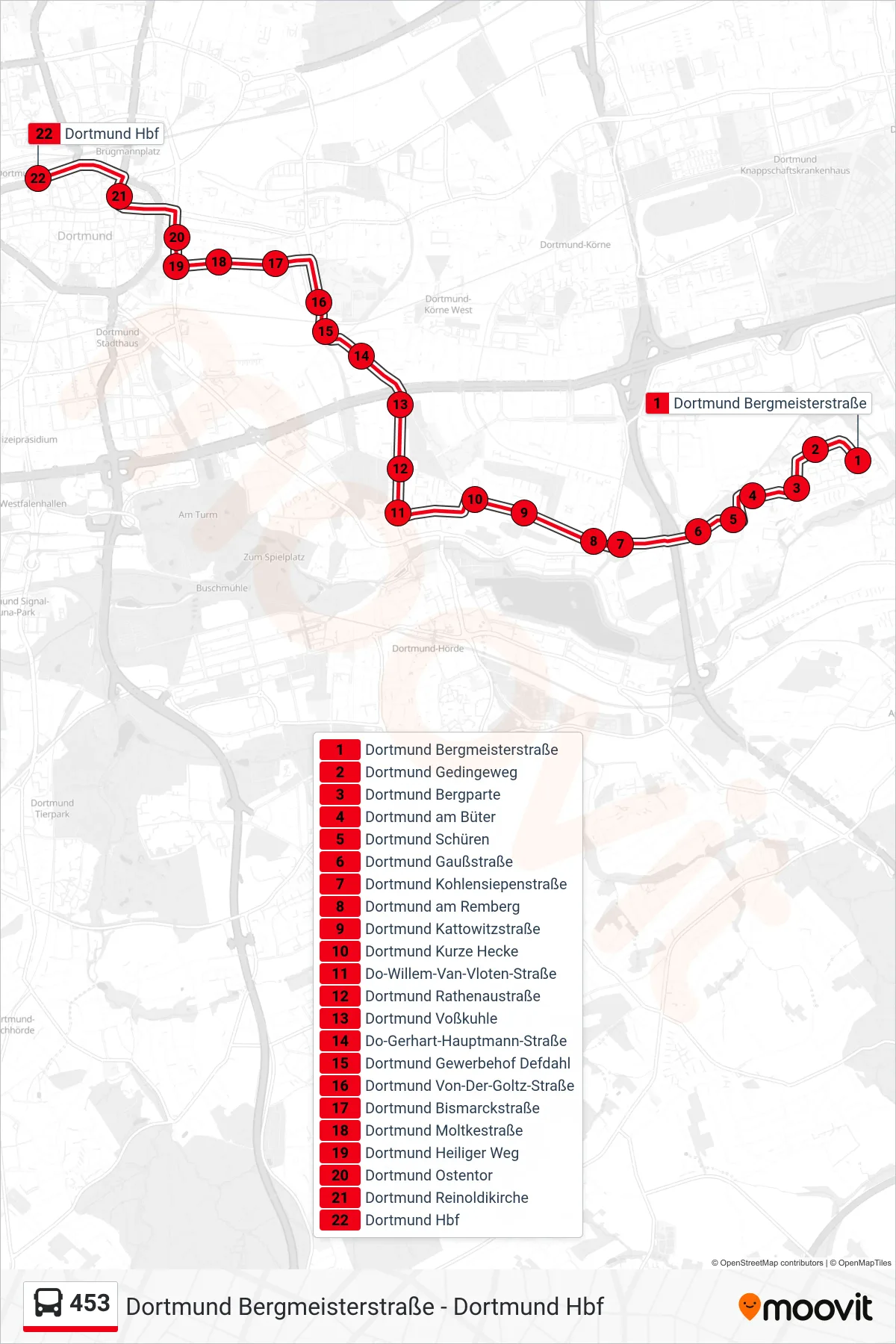 Linie 453 (Bus) Richtung Dortmund Hbf: Route und Haltestellen auf der Karte