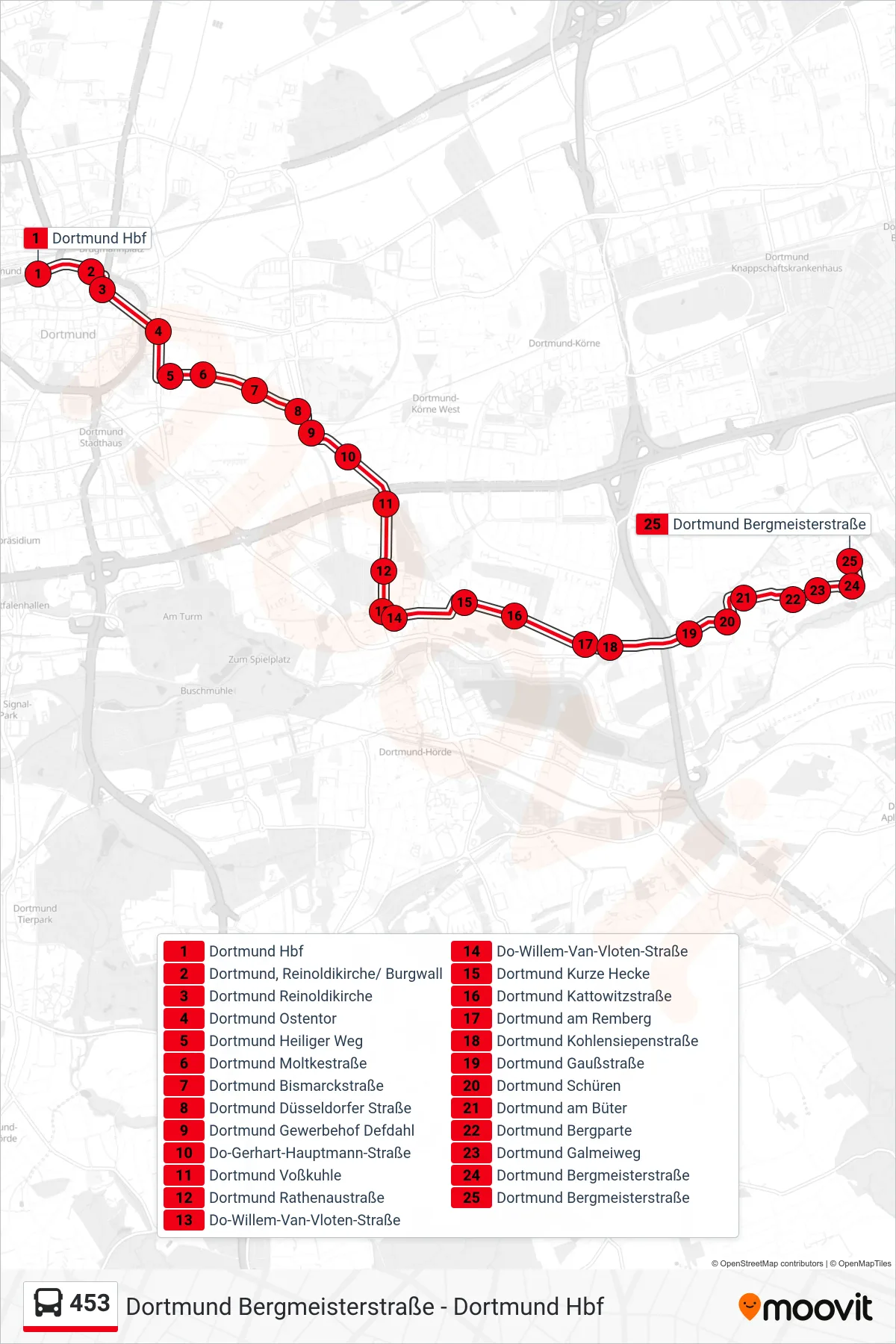 Linie 453 (Bus) Richtung Dortmund Bergmeisterstraße: Route und Haltestellen auf der Karte