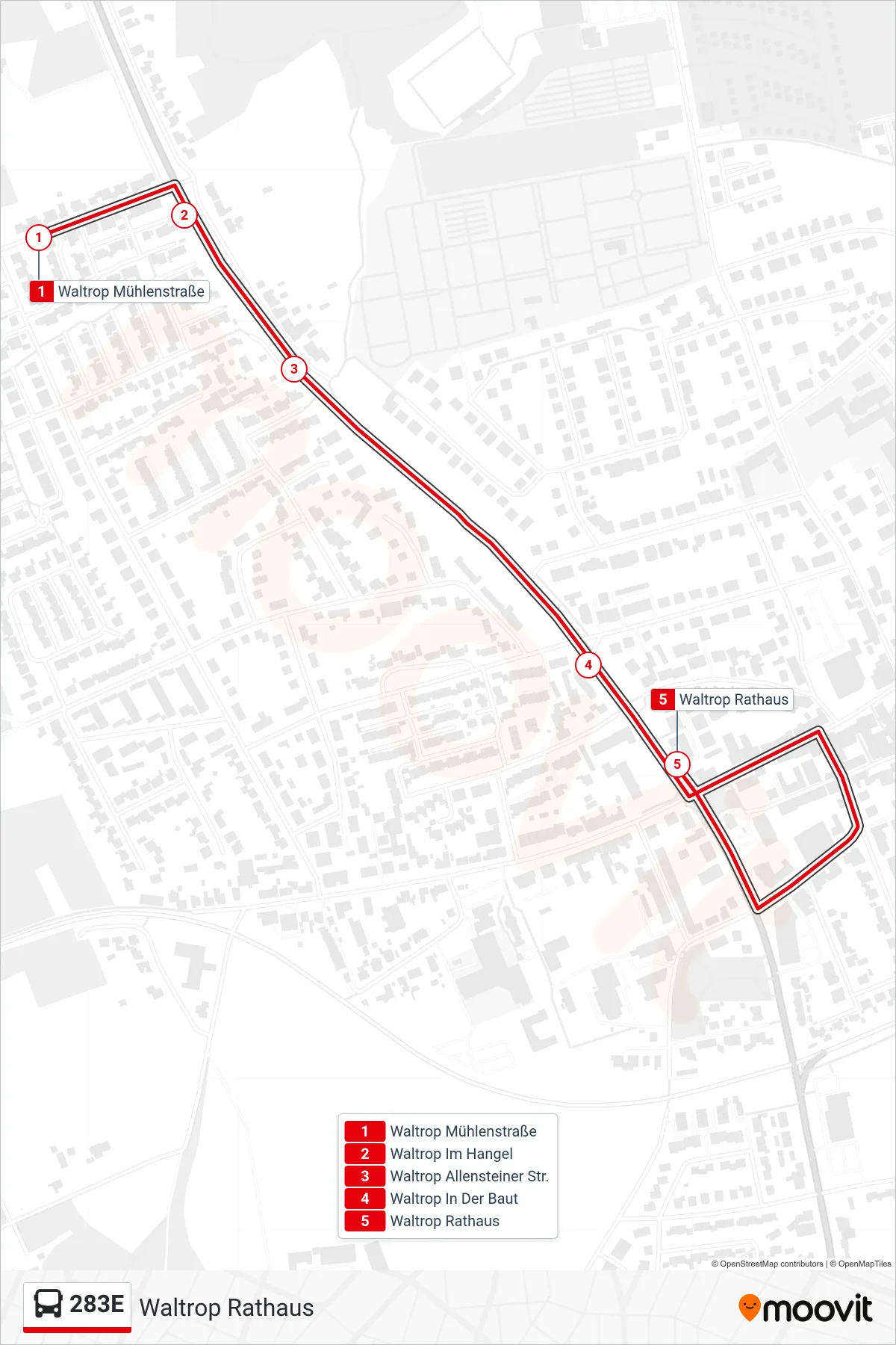 283E bus Line (Waltrop Rathaus) route and stops on a map