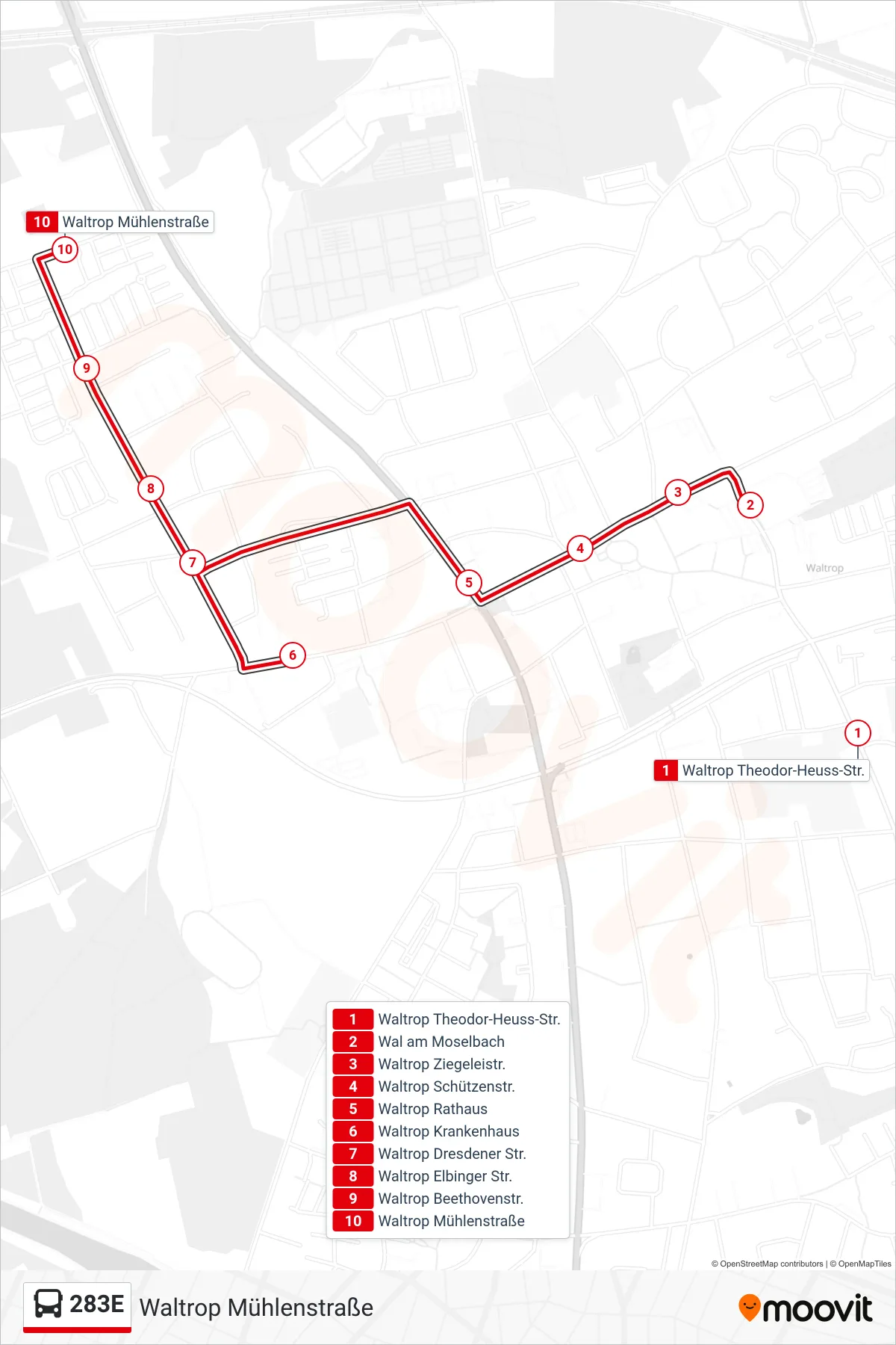 283E bus Line (Waltrop Mühlenstraße) route and stops on a map