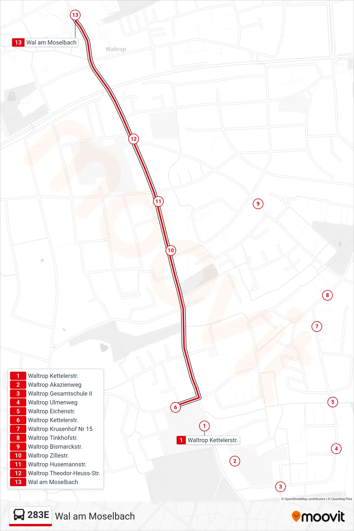 283E bus Line (Wal am Moselbach) route and stops on a map