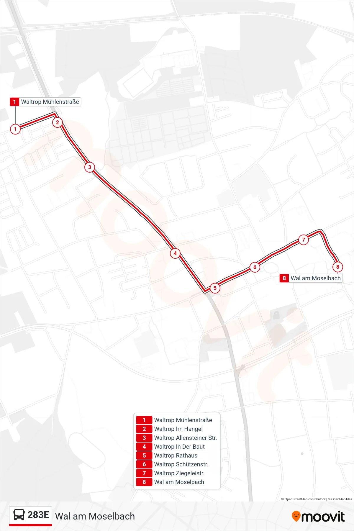 283E bus Line (Wal am Moselbach) route and stops on a map