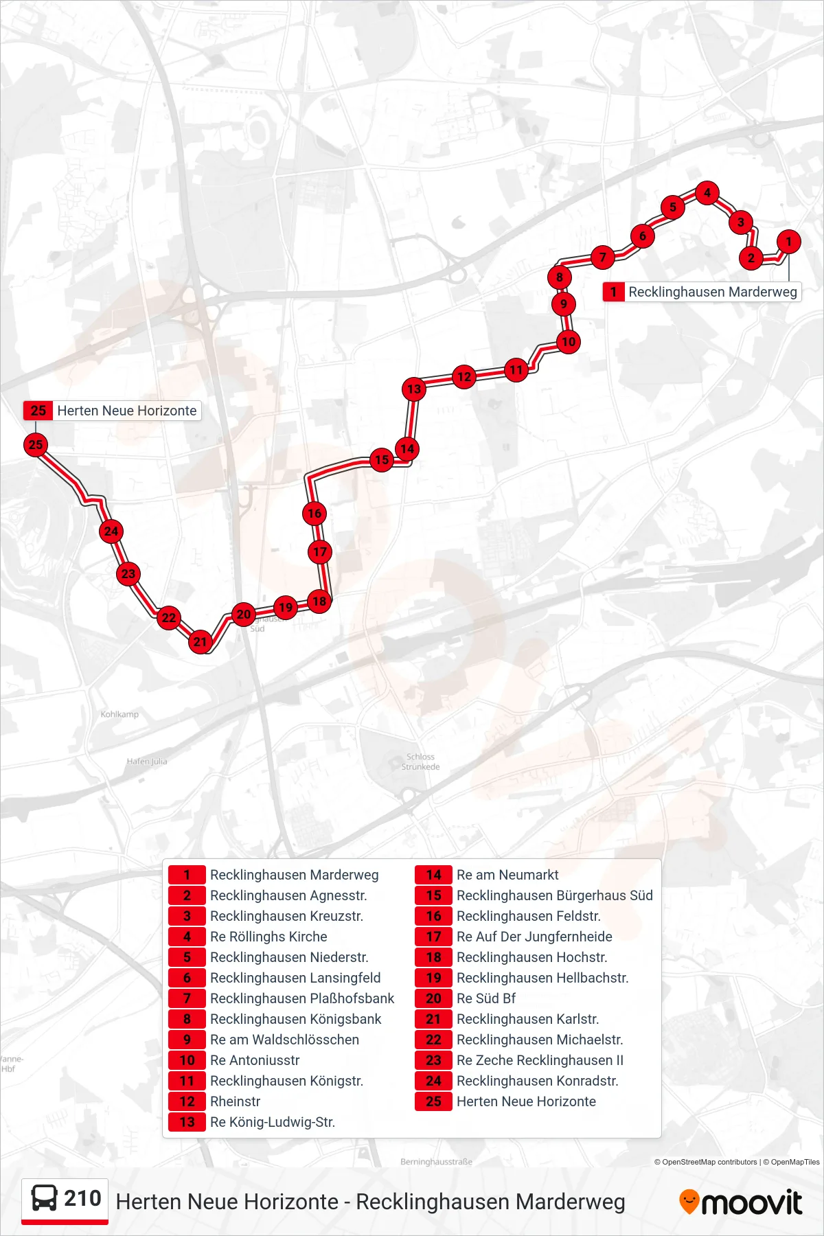 Linie 210 (Bus) Richtung Herten Neue Horizonte: Route und Haltestellen auf der Karte
