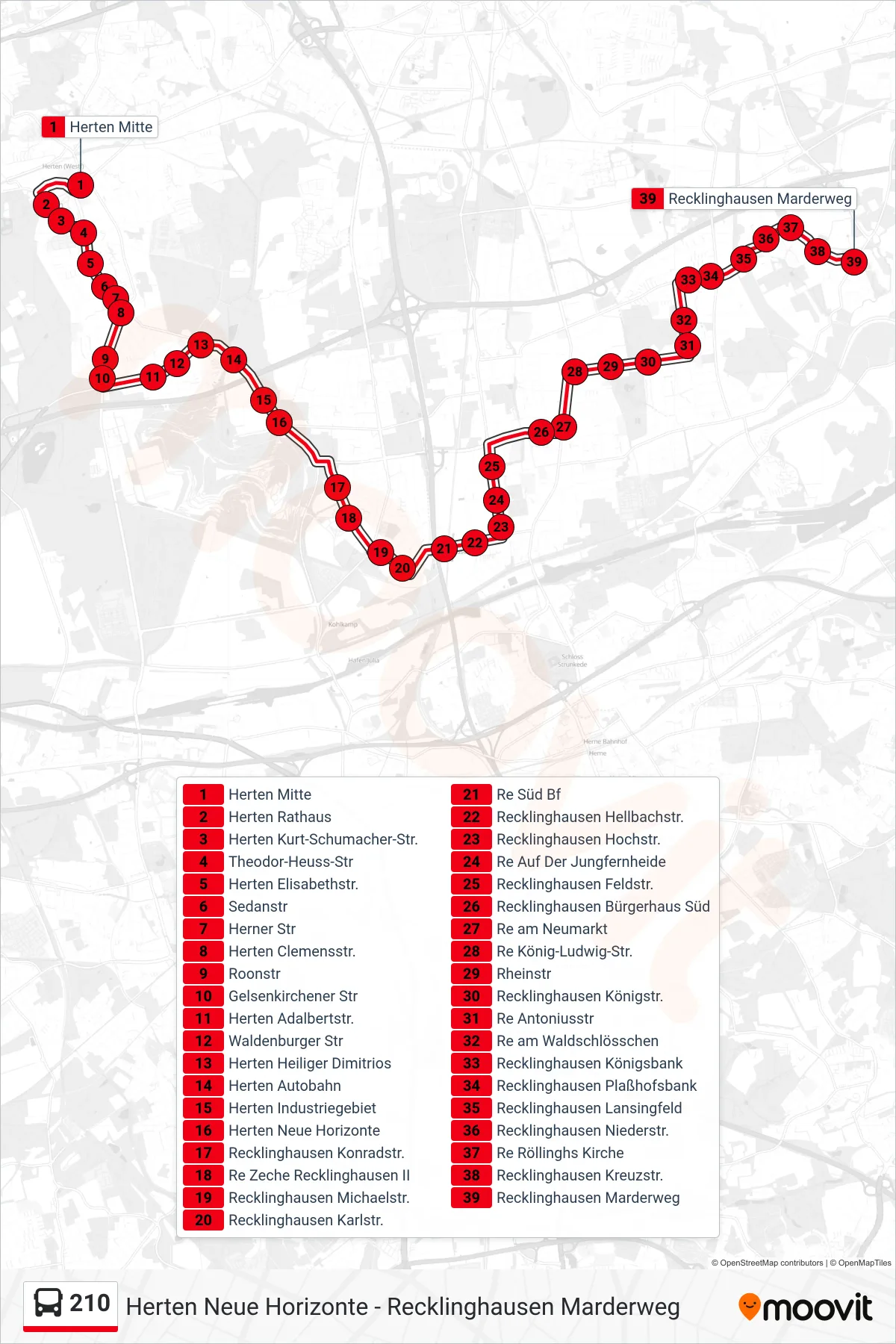 Linie 210 (Bus) Richtung Recklinghausen Marderweg: Route und Haltestellen auf der Karte