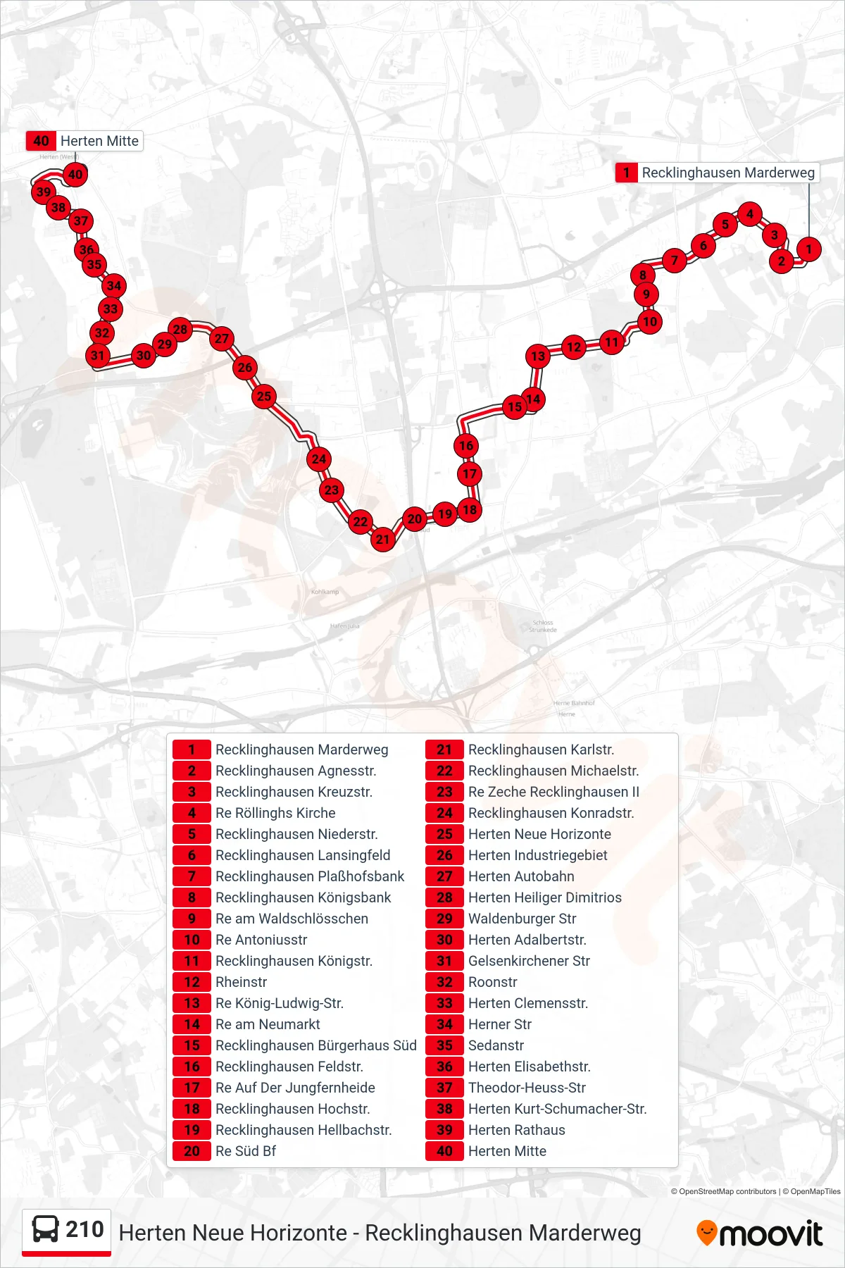 210 bus Line (Herten Mitte) route and stops on a map