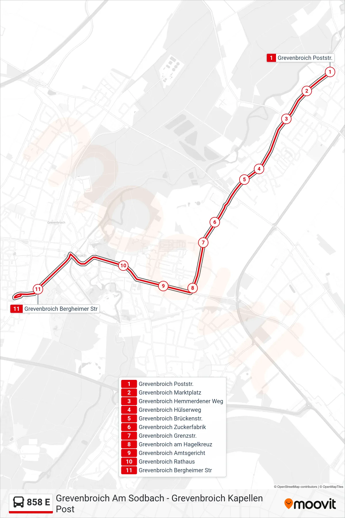 Linie 858 E (Bus) Richtung Grevenbroich Bergheimer Str: Route und Haltestellen auf der Karte