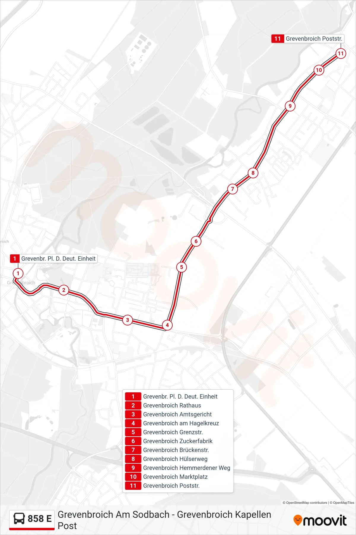 Linie 858 E (Bus) Richtung Grevenbroich Poststr.: Route und Haltestellen auf der Karte