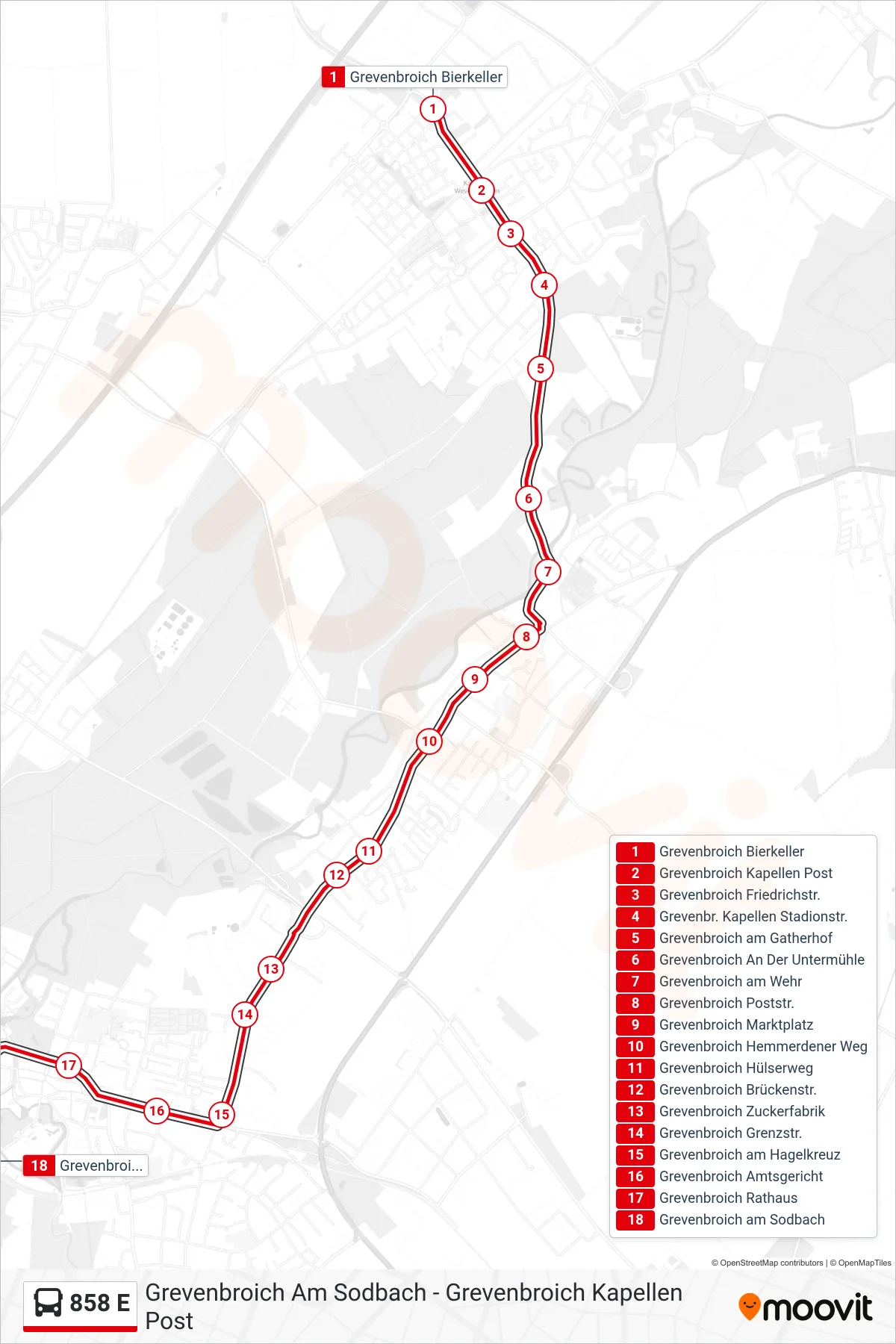 858 E bus Line (Grevenbroich am Sodbach) route and stops on a map