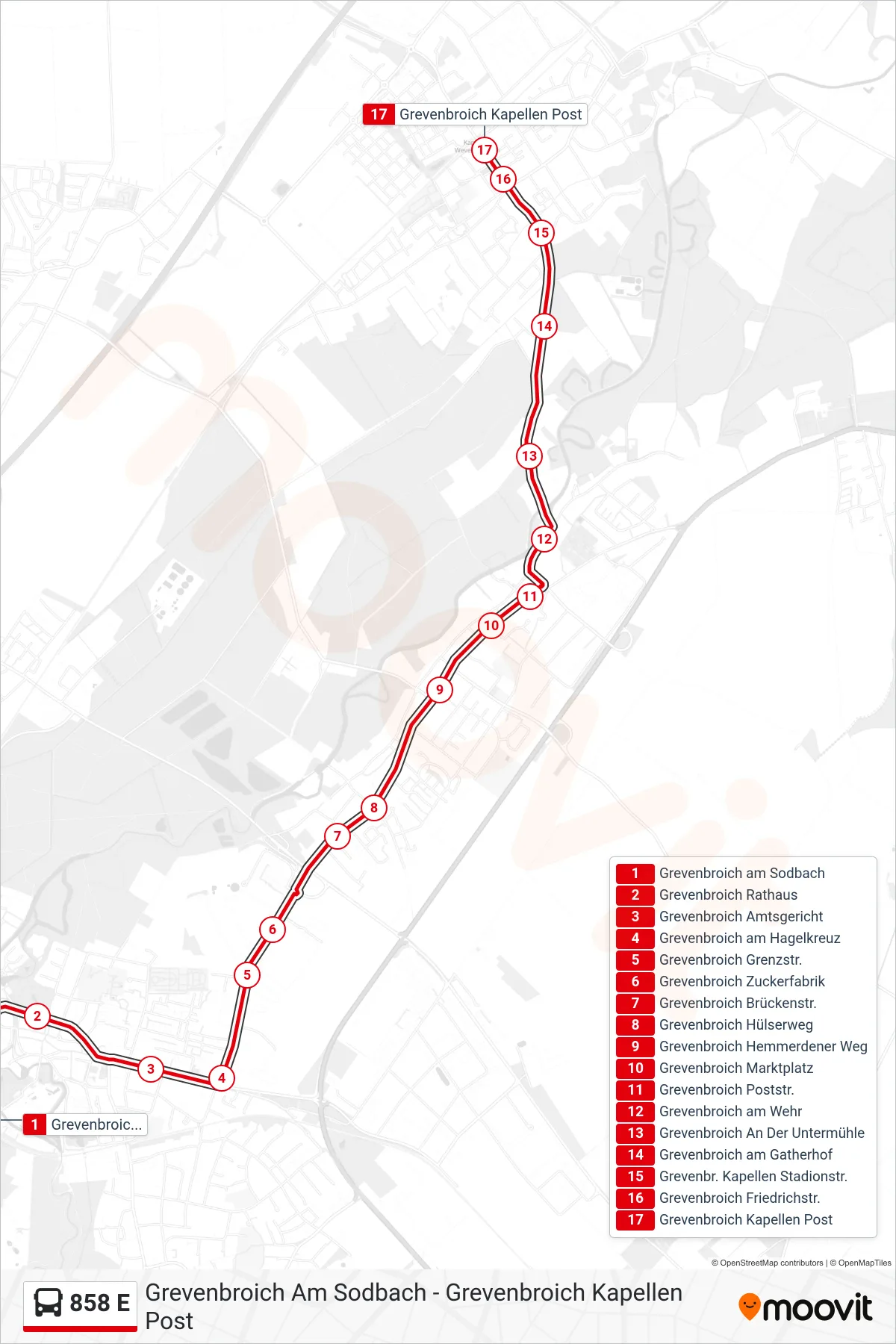 858 E bus Line (Grevenbroich Kapellen Post) route and stops on a map