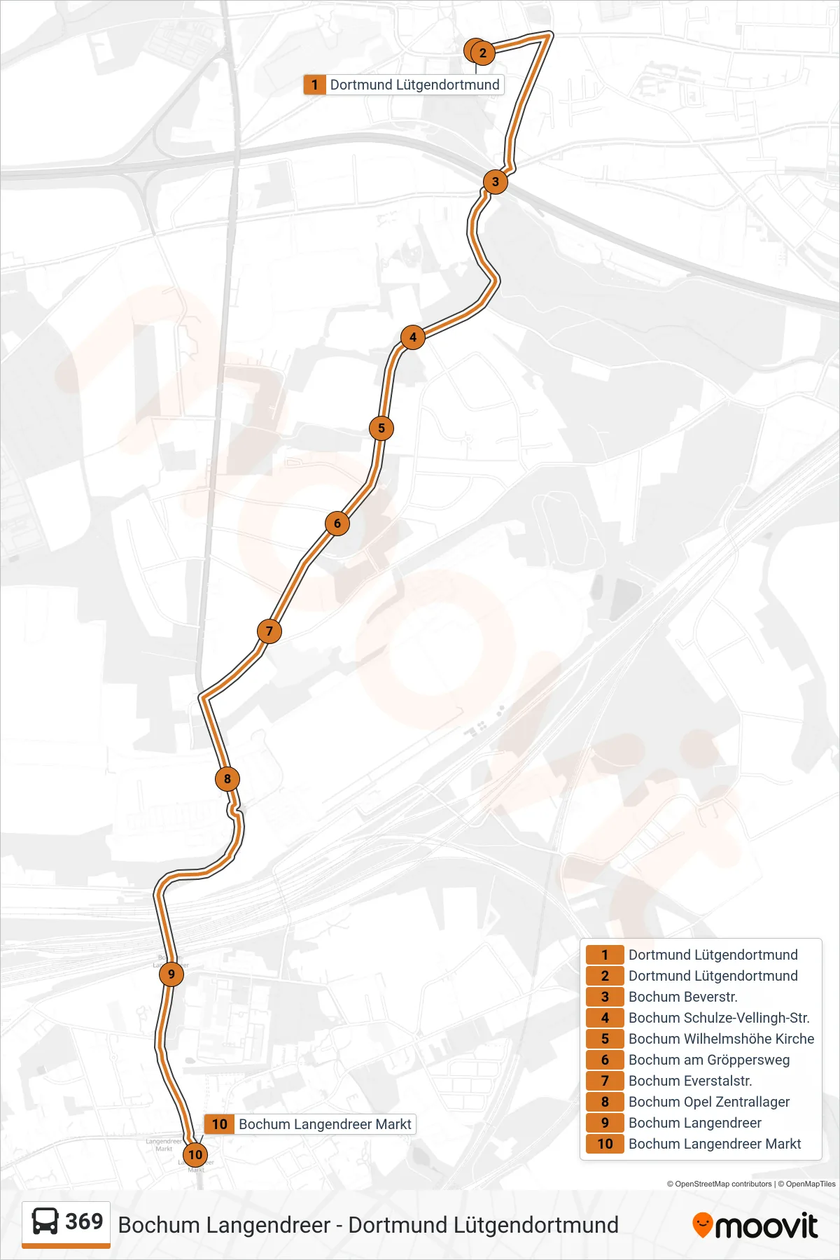 369 bus Line (Bochum Langendreer Markt) route and stops on a map