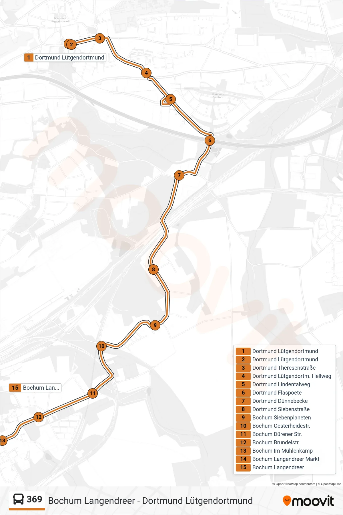 Linie 369 (Bus) Richtung Bochum Langendreer: Route und Haltestellen auf der Karte