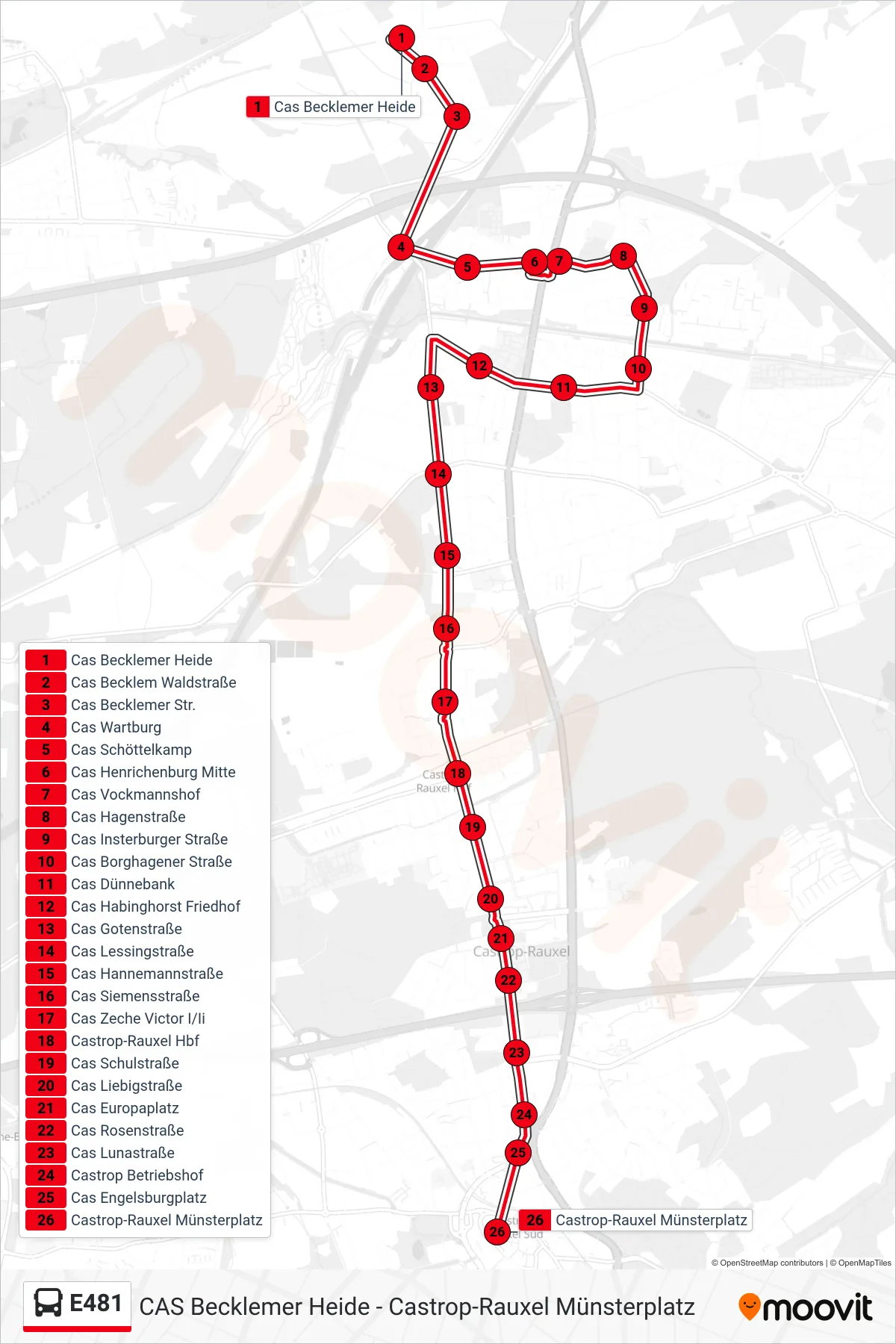 Linie E481 (Bus) Richtung Castrop-Rauxel Münsterplatz: Route und Haltestellen auf der Karte