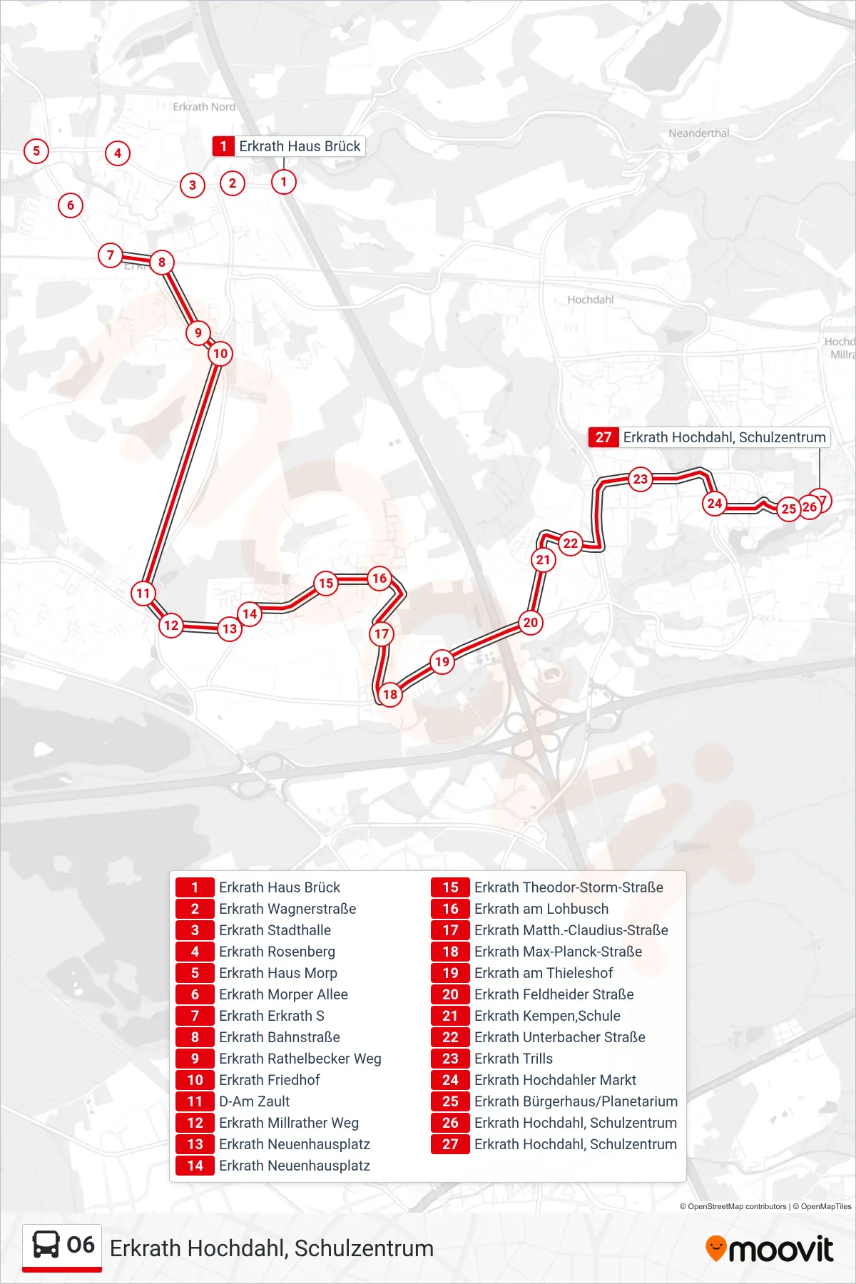 Linie O6 (Bus) Richtung Erkrath Hochdahl, Schulzentrum: Route und Haltestellen auf der Karte