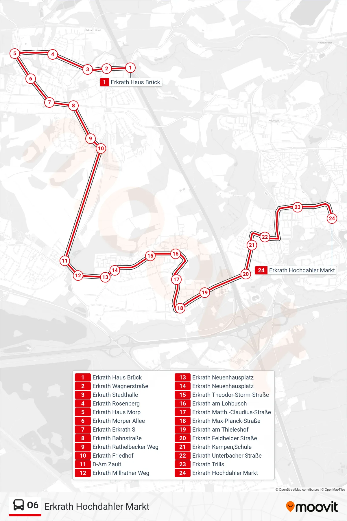 O6 bus Line (Erkrath Hochdahler Markt) route and stops on a map