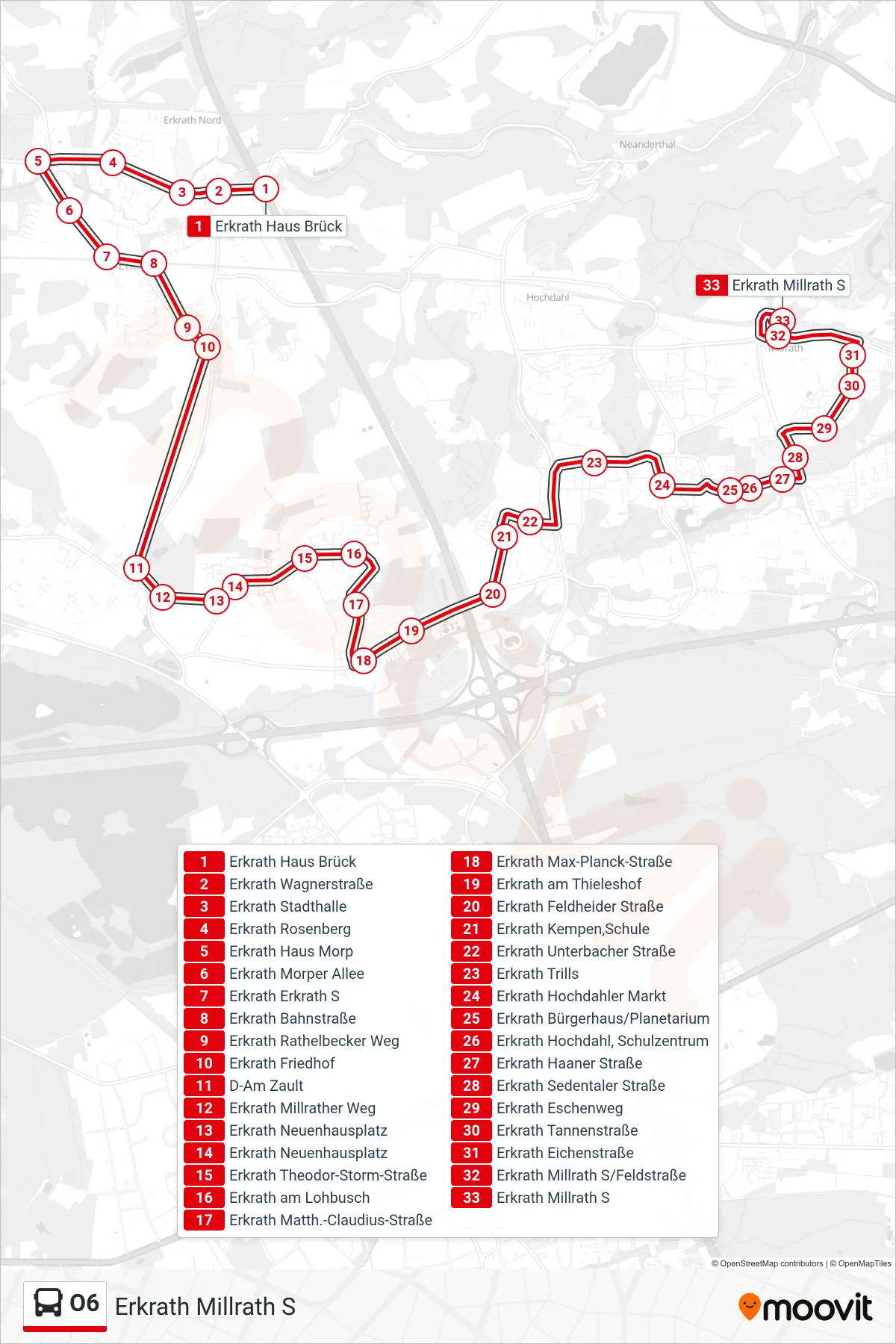 O6 bus Line (Erkrath Millrath S) route and stops on a map