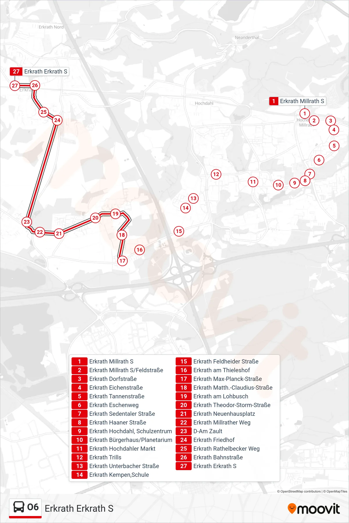 Linie O6 (Bus) Richtung Erkrath Erkrath S: Route und Haltestellen auf der Karte