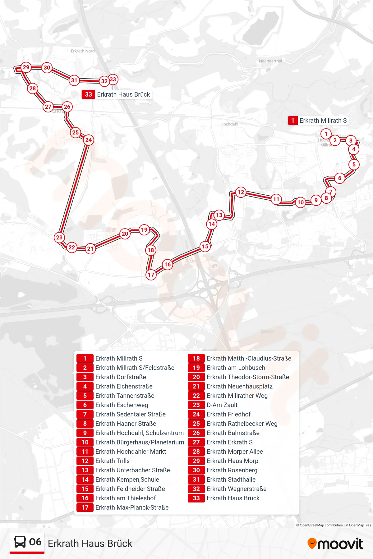 O6 bus Line (Erkrath Haus Brück) route and stops on a map