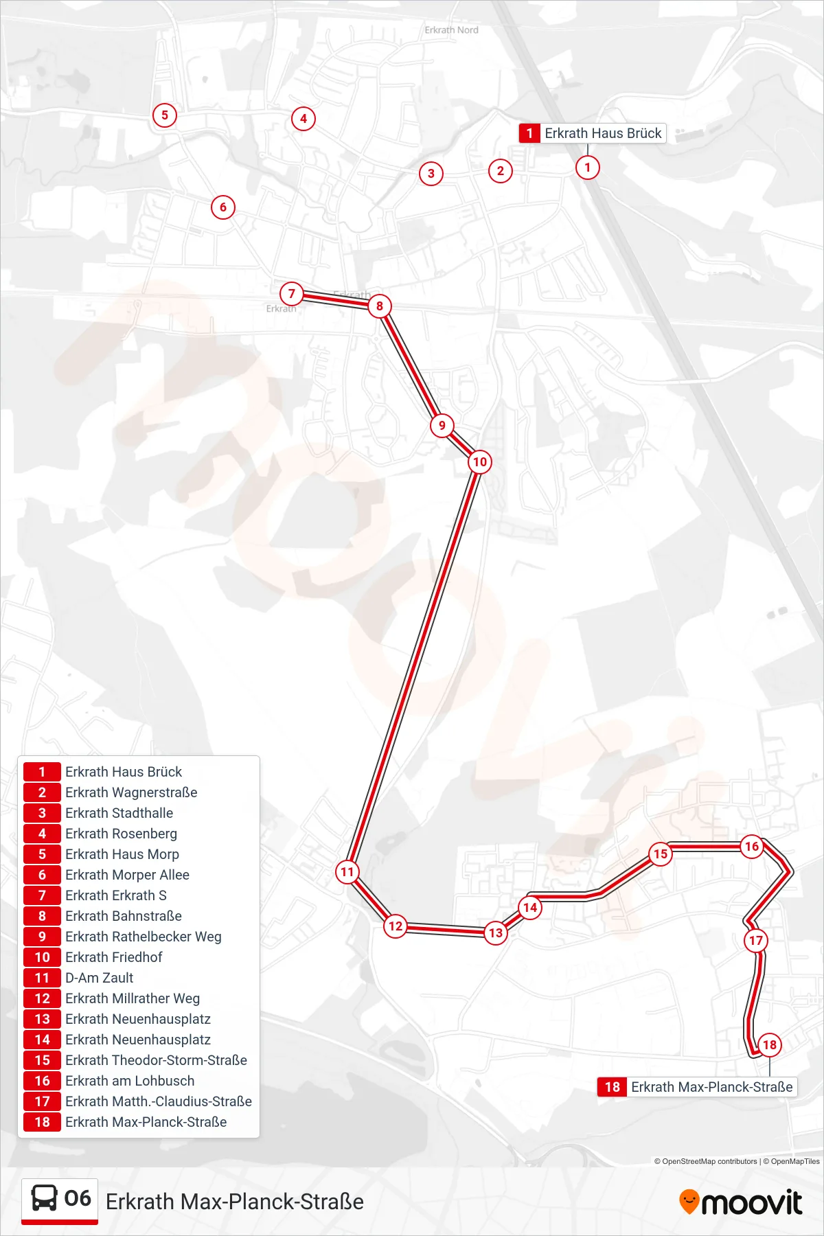 O6 bus Line (Erkrath Max-Planck-Straße) route and stops on a map