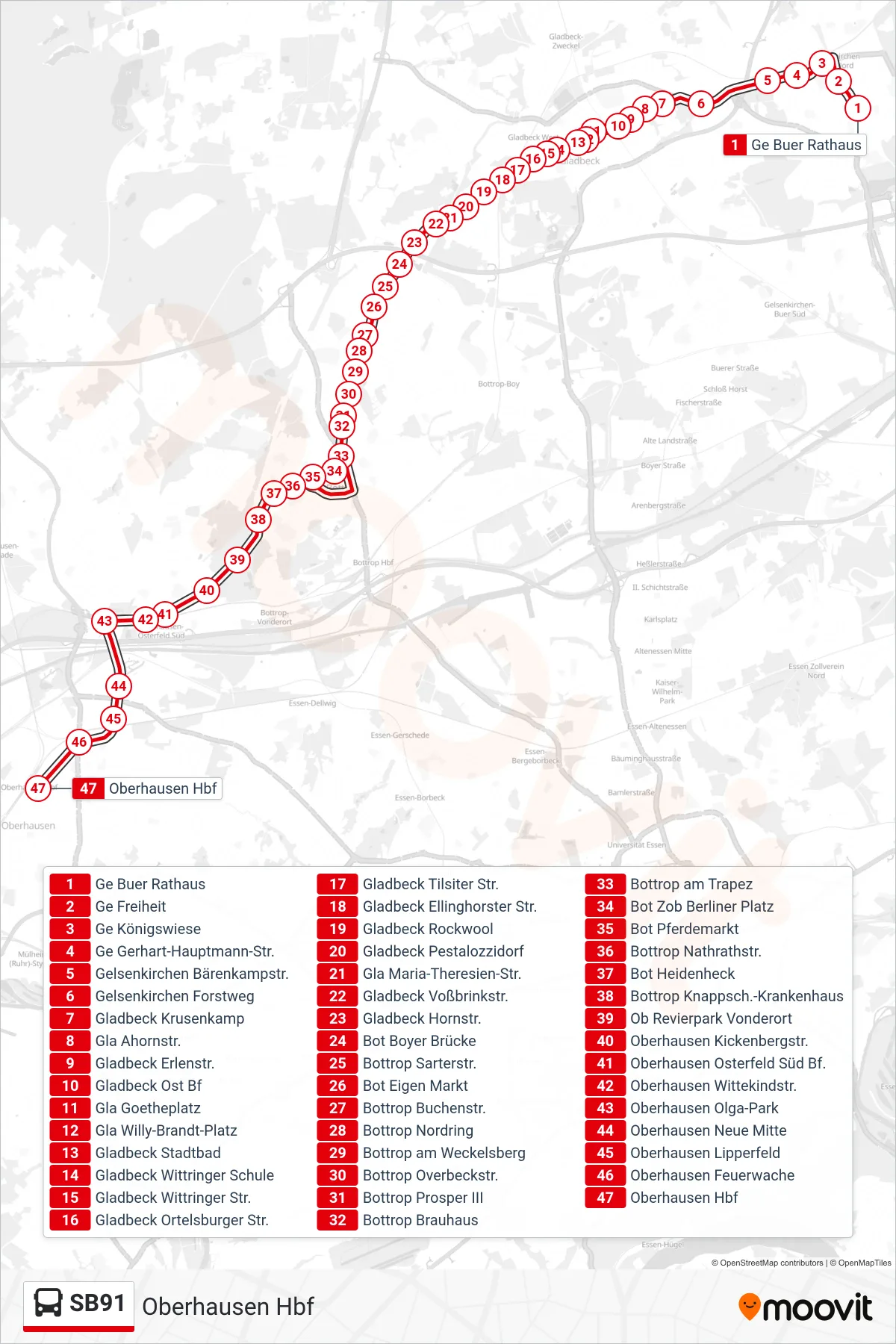 SB91 bus Line (Oberhausen Hbf) route and stops on a map