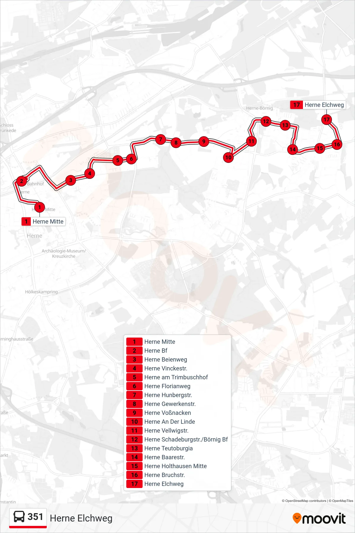 Linie 351 (Bus) Richtung Herne Elchweg: Route und Haltestellen auf der Karte