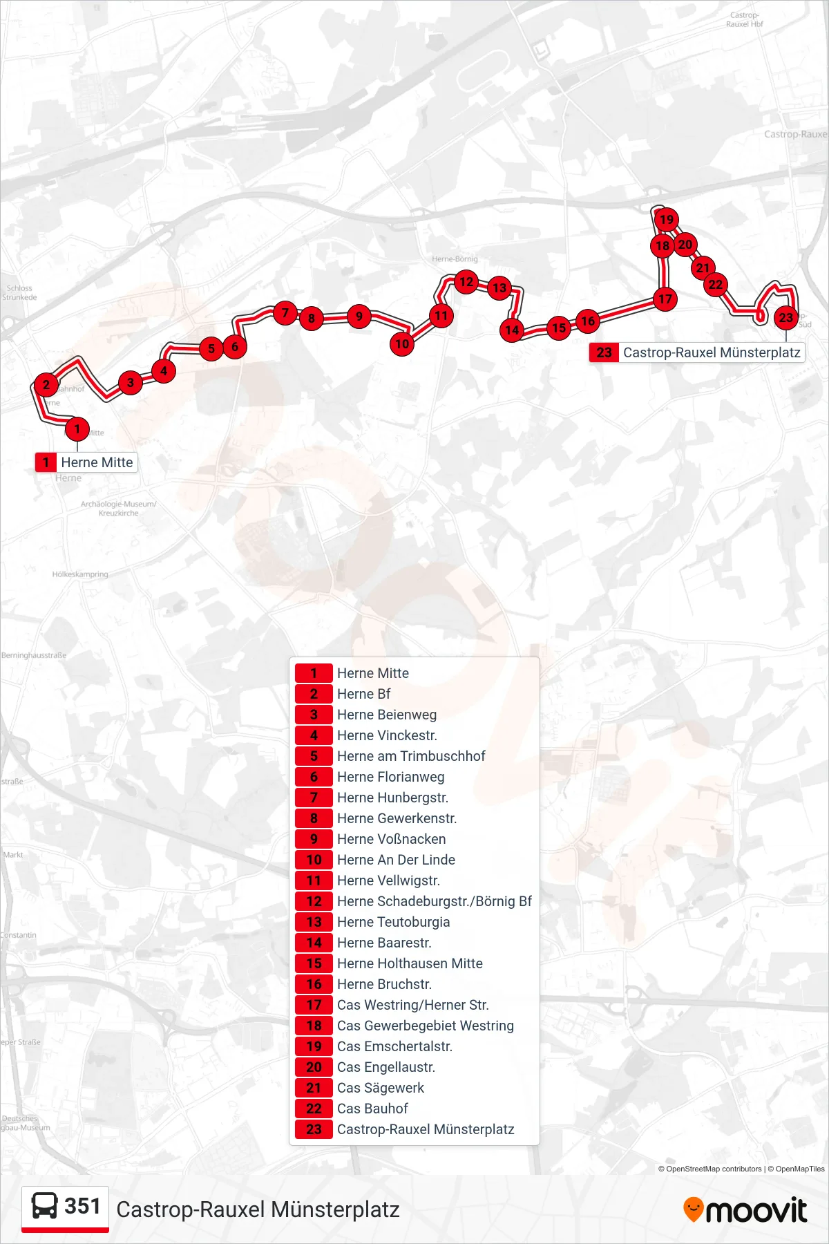 351 bus Line (Castrop-Rauxel Münsterplatz) route and stops on a map
